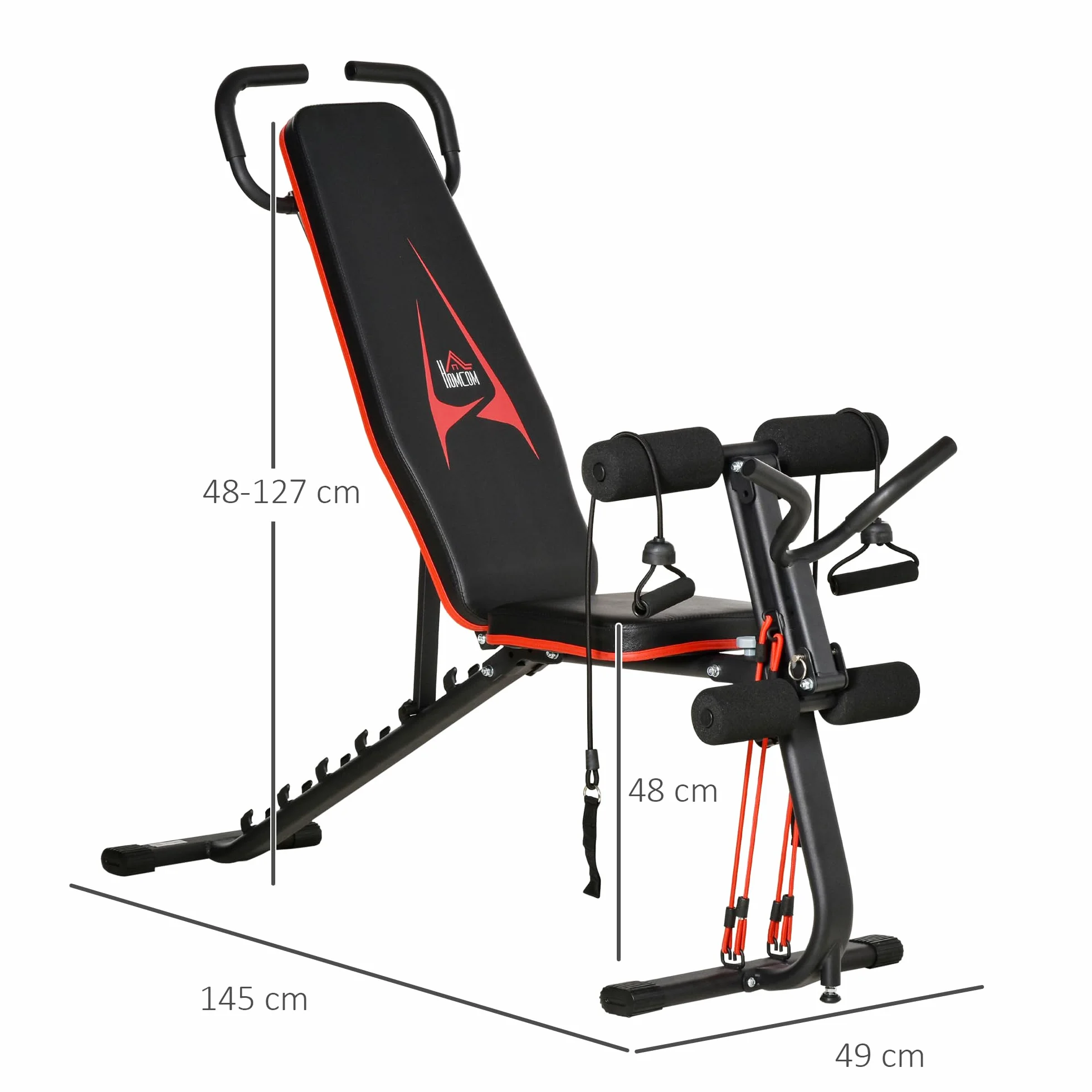 HOMCOM Ławka treningowa regulowana ławka treningowa z elastyczną gumą ławka do ćwiczeń w domu 6 stopni nachylenia oparcia waga do 150 kg stal czarny+czerwony 145 x 49 x 57-127cm