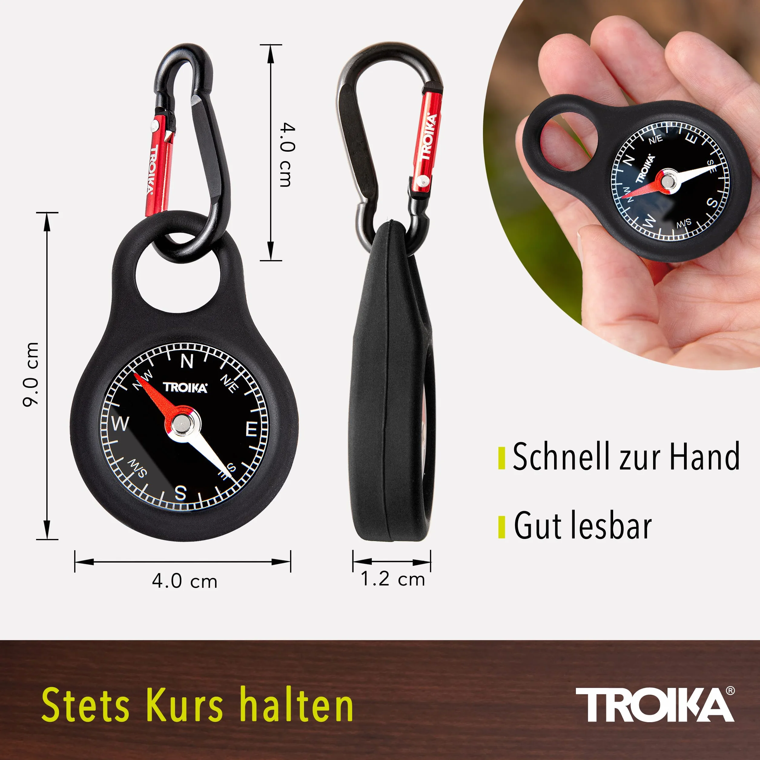 Troika Kompas drogowskaz – COS10/BK – uchwyt na klucze z kompasem i karabińczykiem – czarny – PCW/akryl/silikon – aluminium – oryginalny produkt, czarny, 9,8cm, Nowoczesny