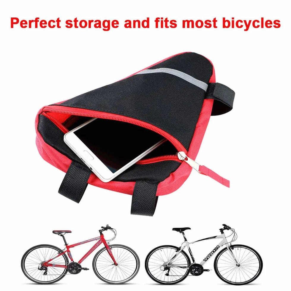 2 sztuk Trójkąt Torba Rowerowa, Trójkątna Torba Rowerowa Przednia Rura Rowerowa, Torba Narzędzia, Trójkątna Nylon, Z Odblaskowymi Paskami (Czerwony & Czarny)