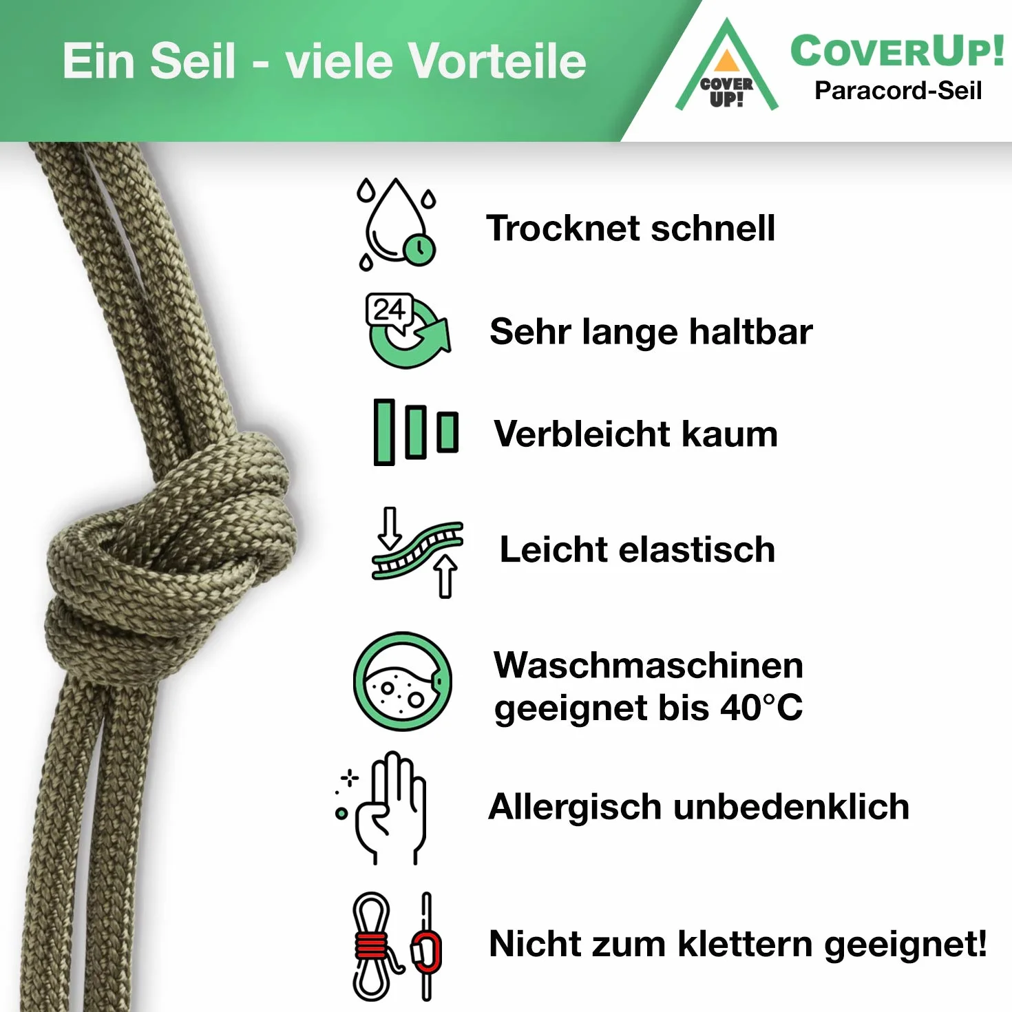 CoverUp Paracord 550 Paracord 550 składa się z 7 żyłek rdzeniowych, nylonowa lina, 31 m z wyjątkowo wytrzymałą osłoną (oliwkowo-zielona)
