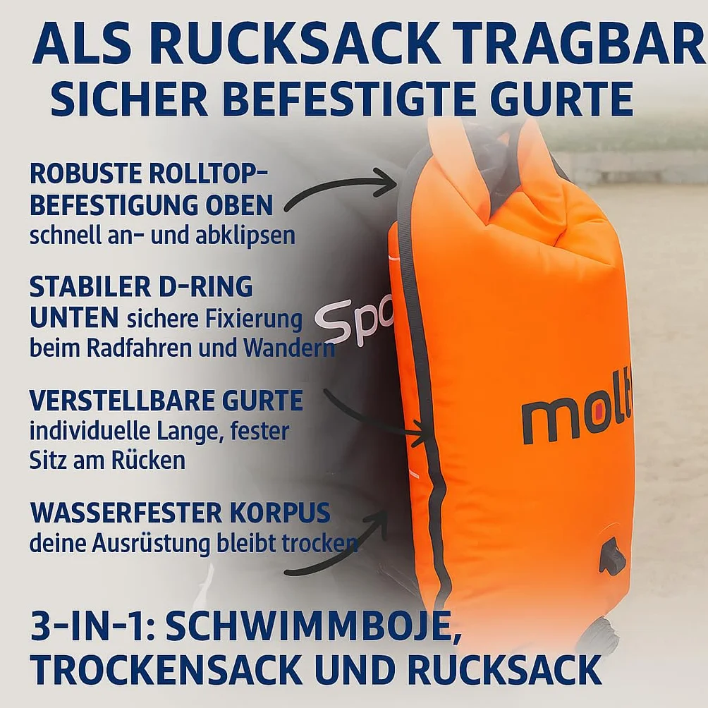 molti Boja do pływania 2 w 1, 15 l, 28 l, boja Pull Boja dla dorosłych, Baywatch Boja, pomarańczowa, bezpieczeństwo podczas pływania, na otwartej wodzie i triatlonie (BA003, pomarańczowy, 28 l)