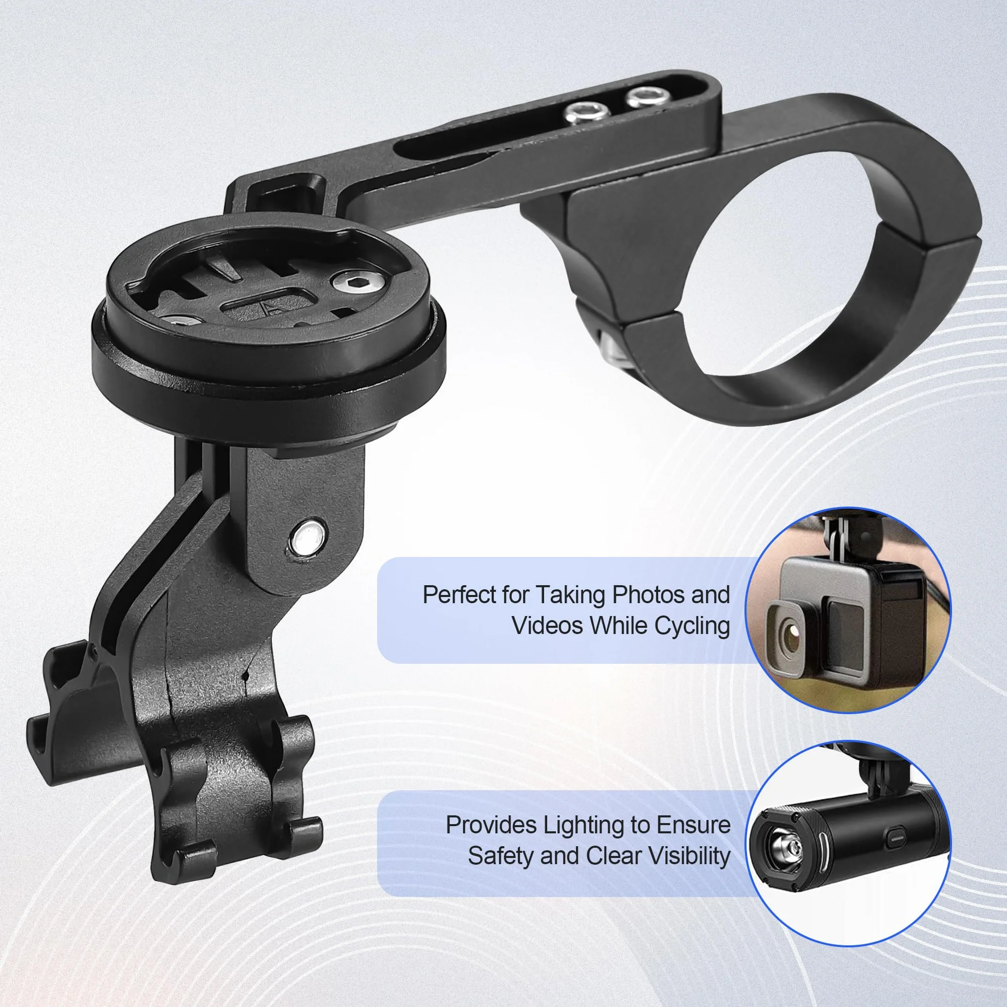 Przedni uchwyt rowerowy kompatybilny z Garmin i Bryton, uchwyt rowerowy do komputera rowerowego z regulowanym uchwytem na światło, uchwyt kierownicy 20-40 mm, czarny