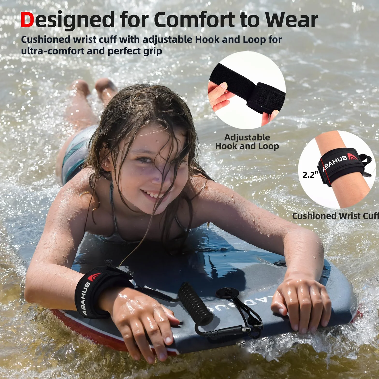 Abahub Smycz premium 1,2 m, grubość 5,5 mm, zwijana smycz na nadgarstek, do surfingu, z wtyczką do bodyboardingu, czarna