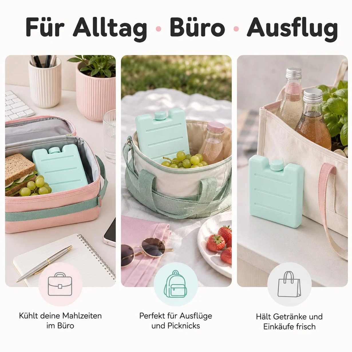 MIJOMA Zestaw mini wkładów chłodzących – elementy chłodzące wielokrotnego użytku do torby chłodzącej, pudełka na lunch, podkładki chłodzące w pastelowych kolorach – nadają się do kontaktu z żywnością