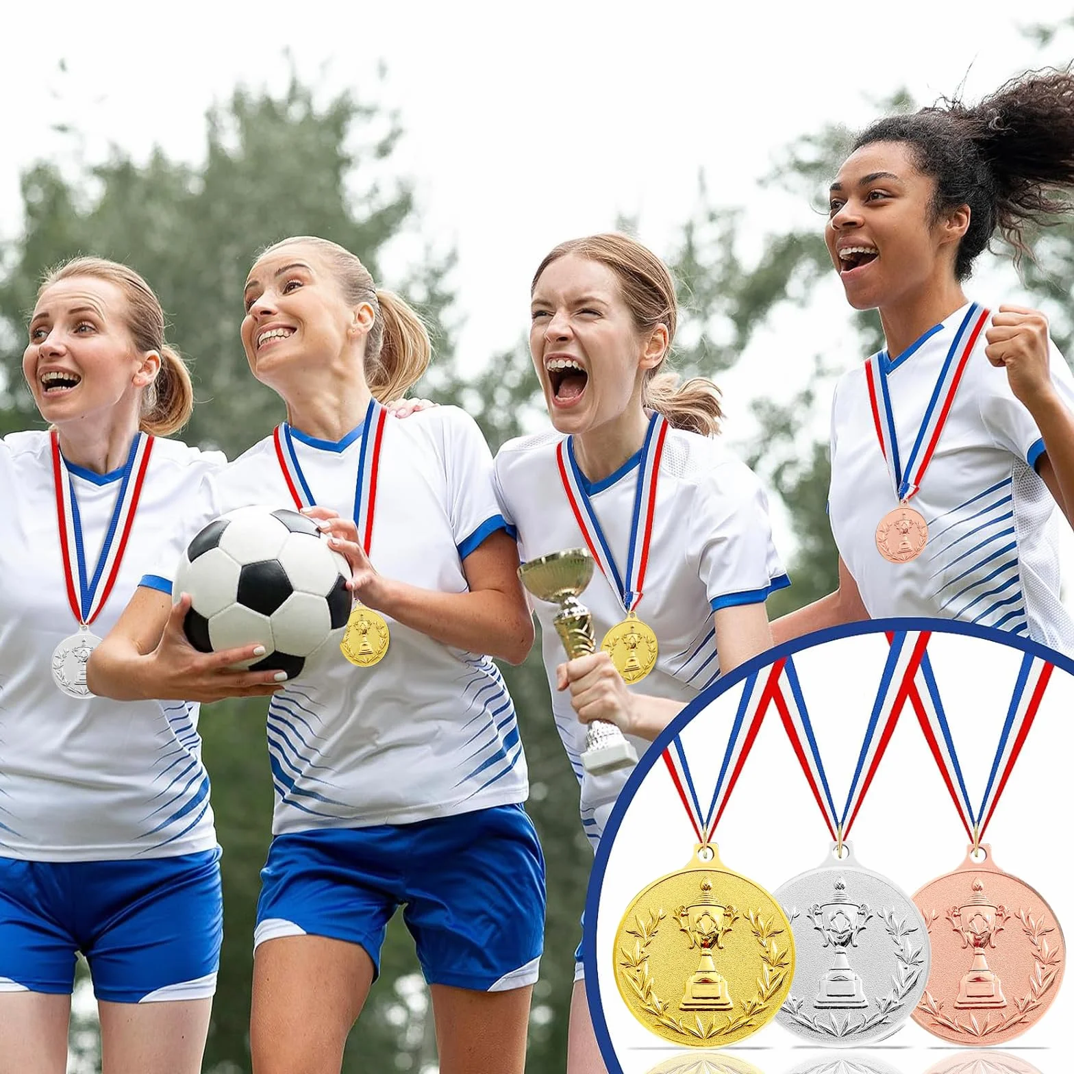 12 medali z nagrodami, złoty medal z brązowym medalem z wstążkami na szyję, do sportu, na zawody, styl olimpijski, średnica ok. 5,0 cm