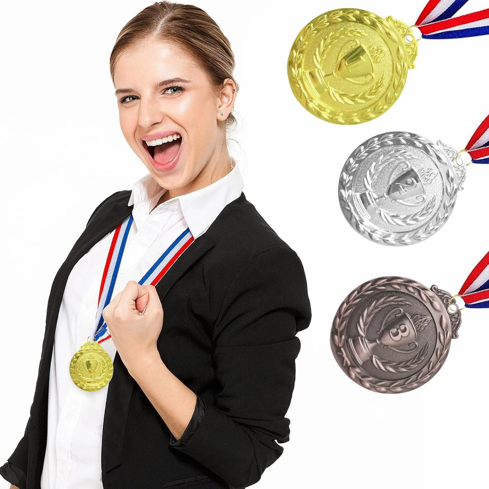 12 sztuk medali nagród, złote srebrne brązowe medale ze wstążkami na szyję, nagroda dla dzieci, medale zwycięzcy na zawody, imprezę, sport, styl olimpijski