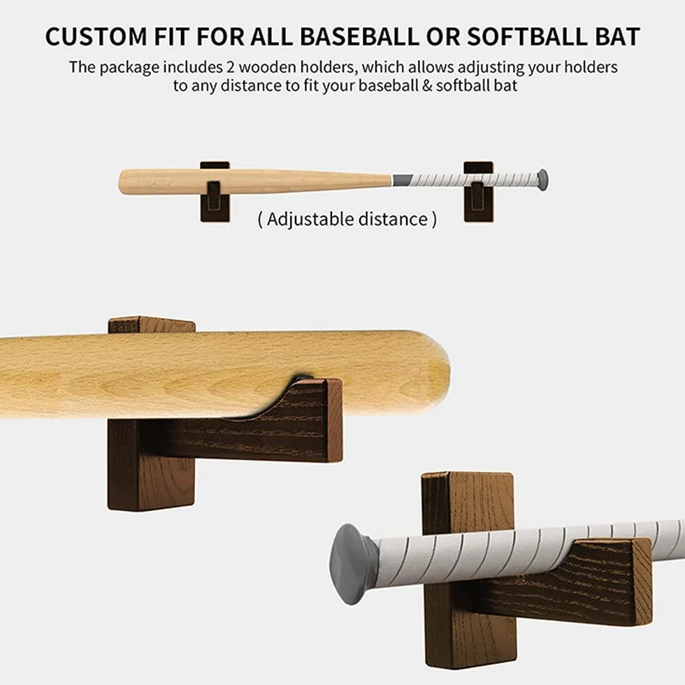 Uchwyt ścienny na kij baseballowy, 2 sztuki, uchwyt ścienny do kija do softballu, poziomy wspornik stojaka z filcową wkładką, uchwyt ścienny do baseballu, softballu, kija hokejowego (brązowy)
