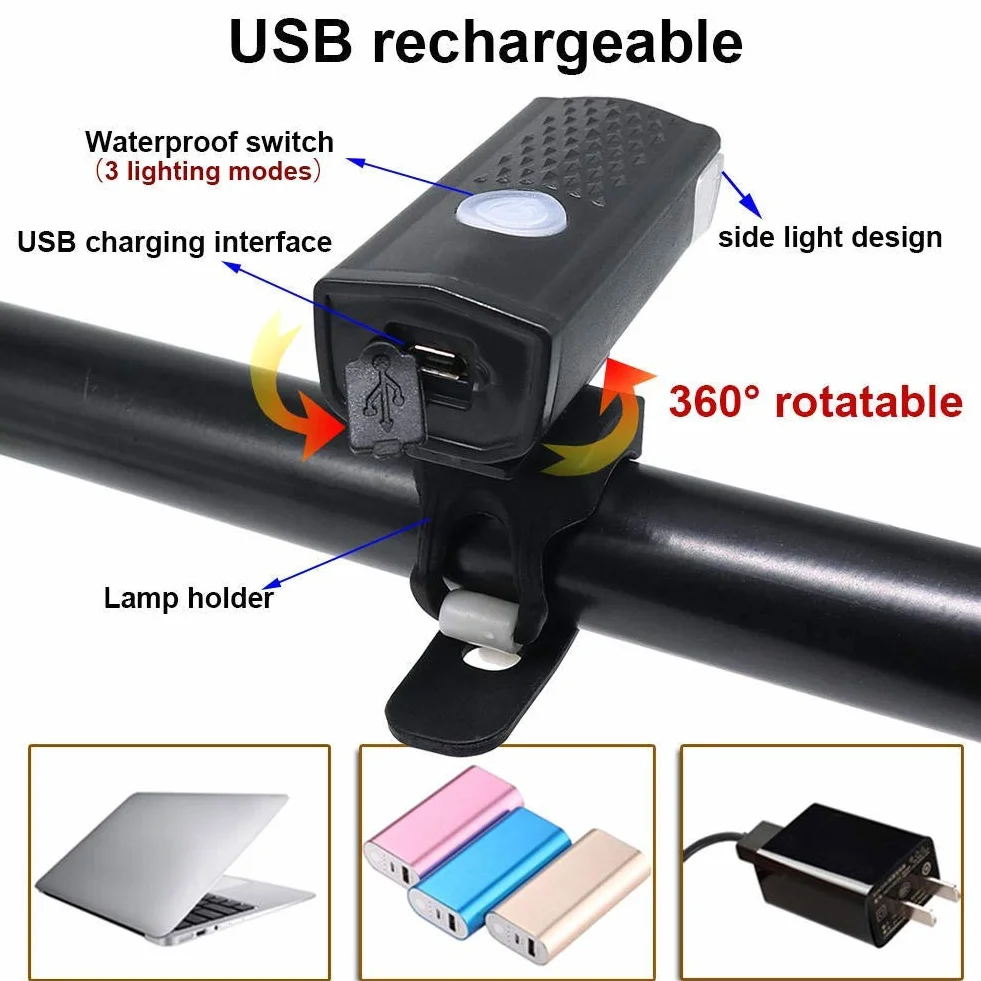 Przednie światło rowerowe 300 lumenów, ładowane przez USB, reflektor rowerowy z 3 trybami, przednie światło LED latarka (6,5 x 2,8 x 2,3 cm)
