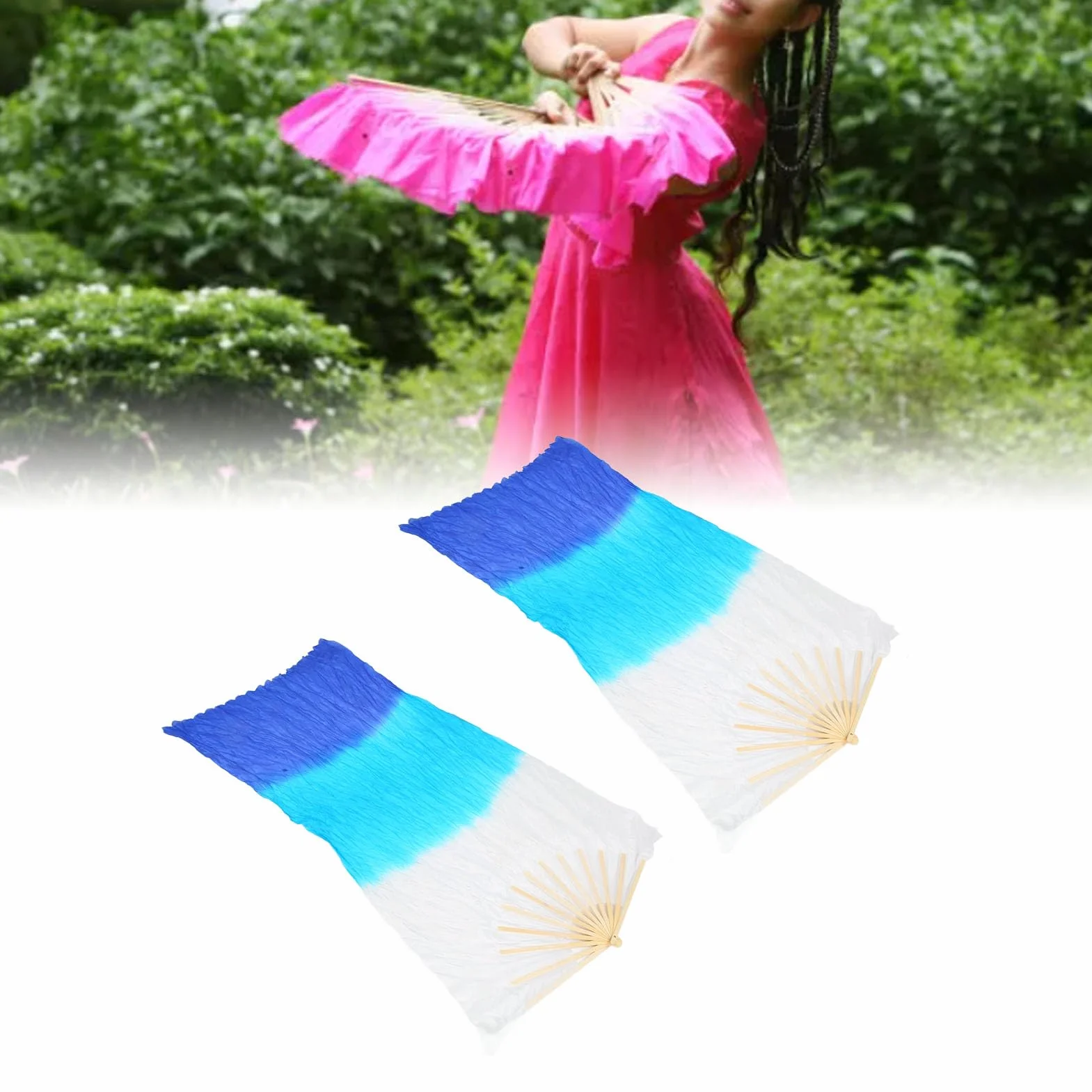 VGEBY Wachlarz Bambusowy Sztuczny Jedwab 1,5 M Tricolor Kwadratowy do Tańca Brzucha