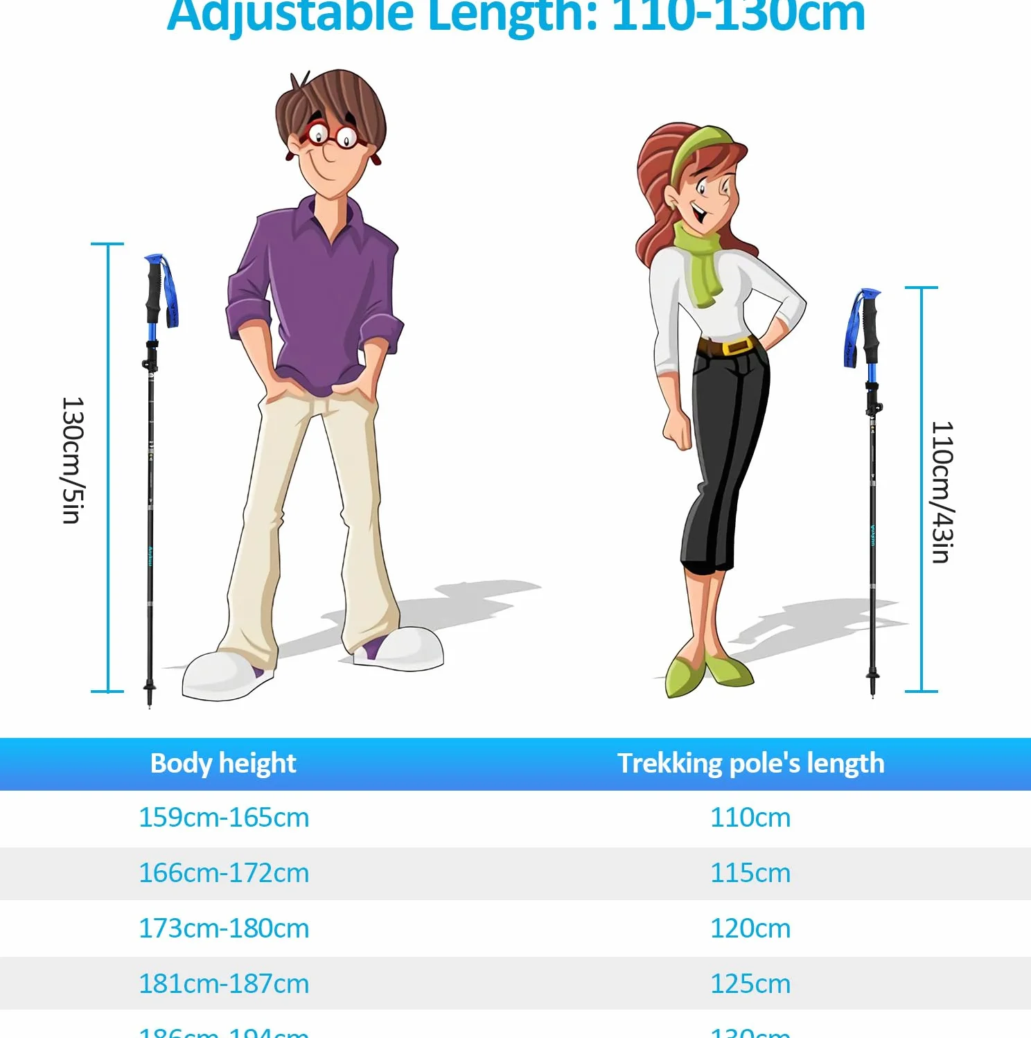 Anykuu Kijki trekkingowe, składane, 110-130 cm, kijki do Nordic Walkingu, aluminiowe 7075, z 6 parami akcesoriów do wspinaczki górskiej, wędrówek