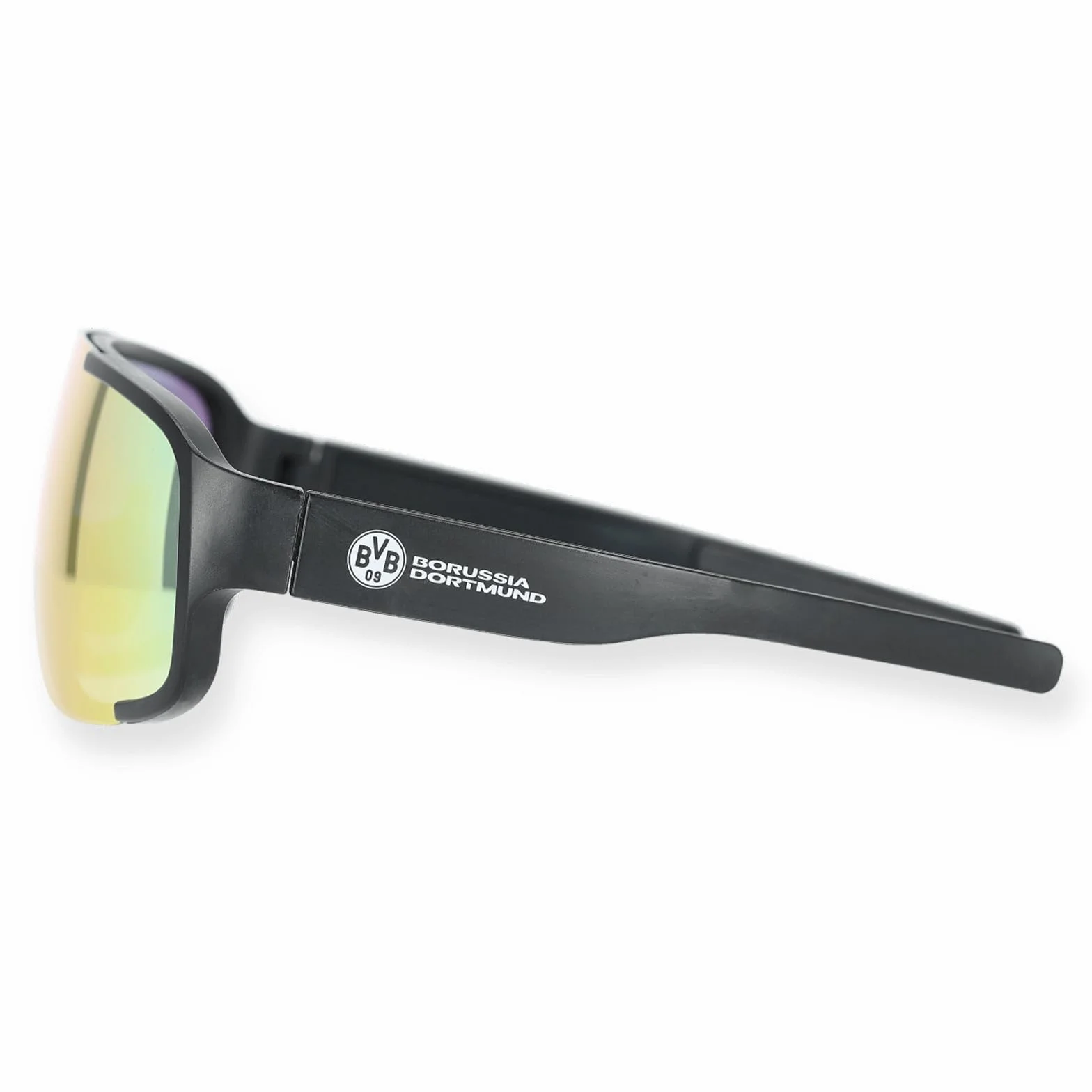 BVB Borussia Dortmund szybkie okulary przeciwsłoneczne, styl sportowy, kolorowe odblaski, logo BVB i napis na zausznikach