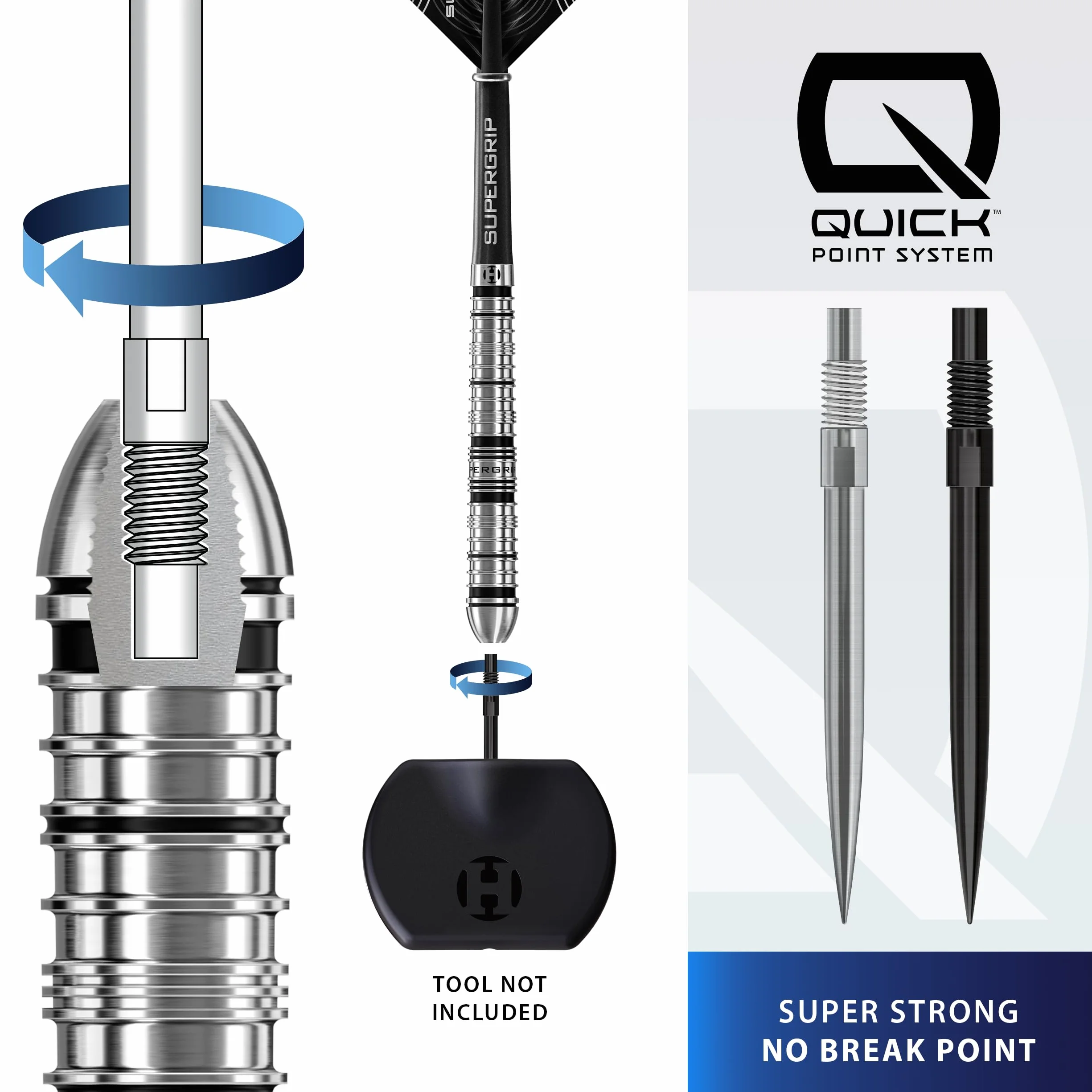 Harrows Punkty do rzutek ze stalową końcówką Quick Point, wymienne końcówki do rzutek w kolorze czarnym i srebrnym, 26 mm, 30 mm, 35 mm, 40 mm i 42 mm, kompatybilne z systemem QP