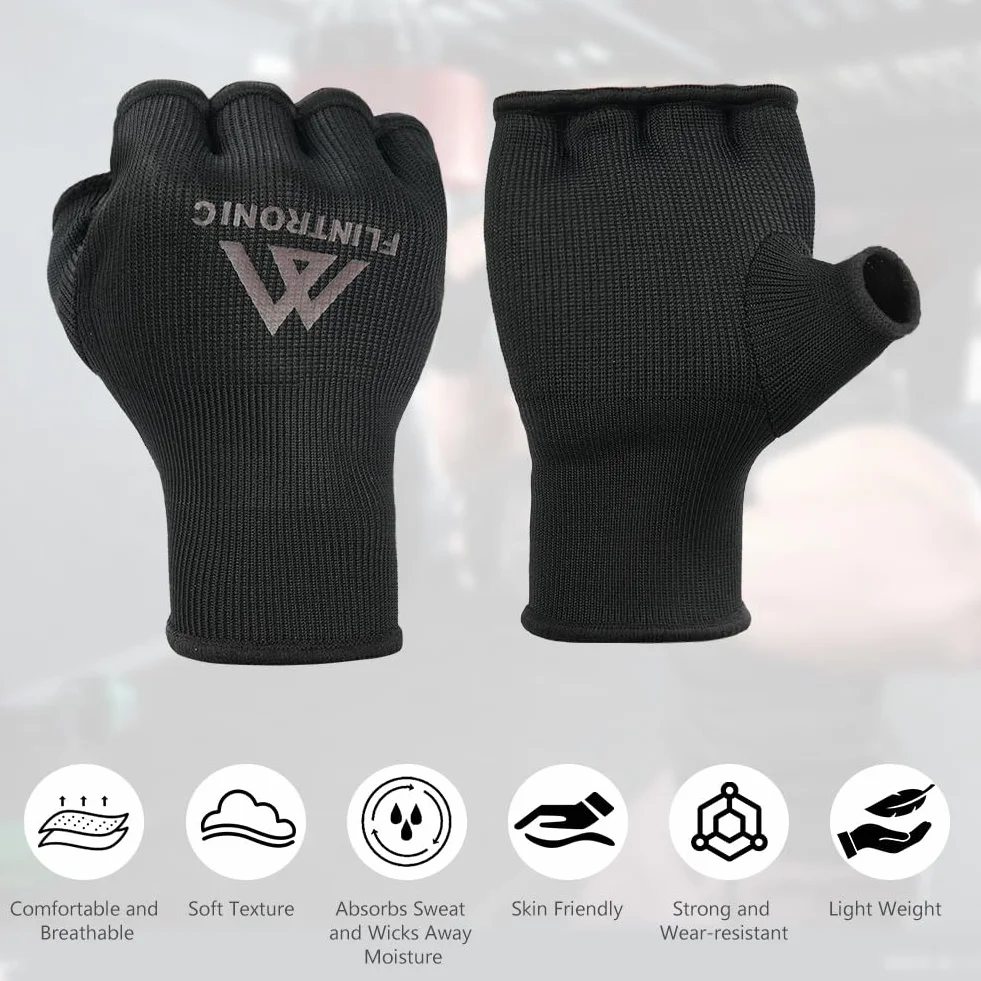 Flintronic Wewnętrzne rękawiczki bokserskie, wsparcie do połowy palców, elastyczne bandaże pod rękawicami, ochrona pięści, idealne do MMA, muay thai, kickboxingu, sportów walki, treningu i sportów