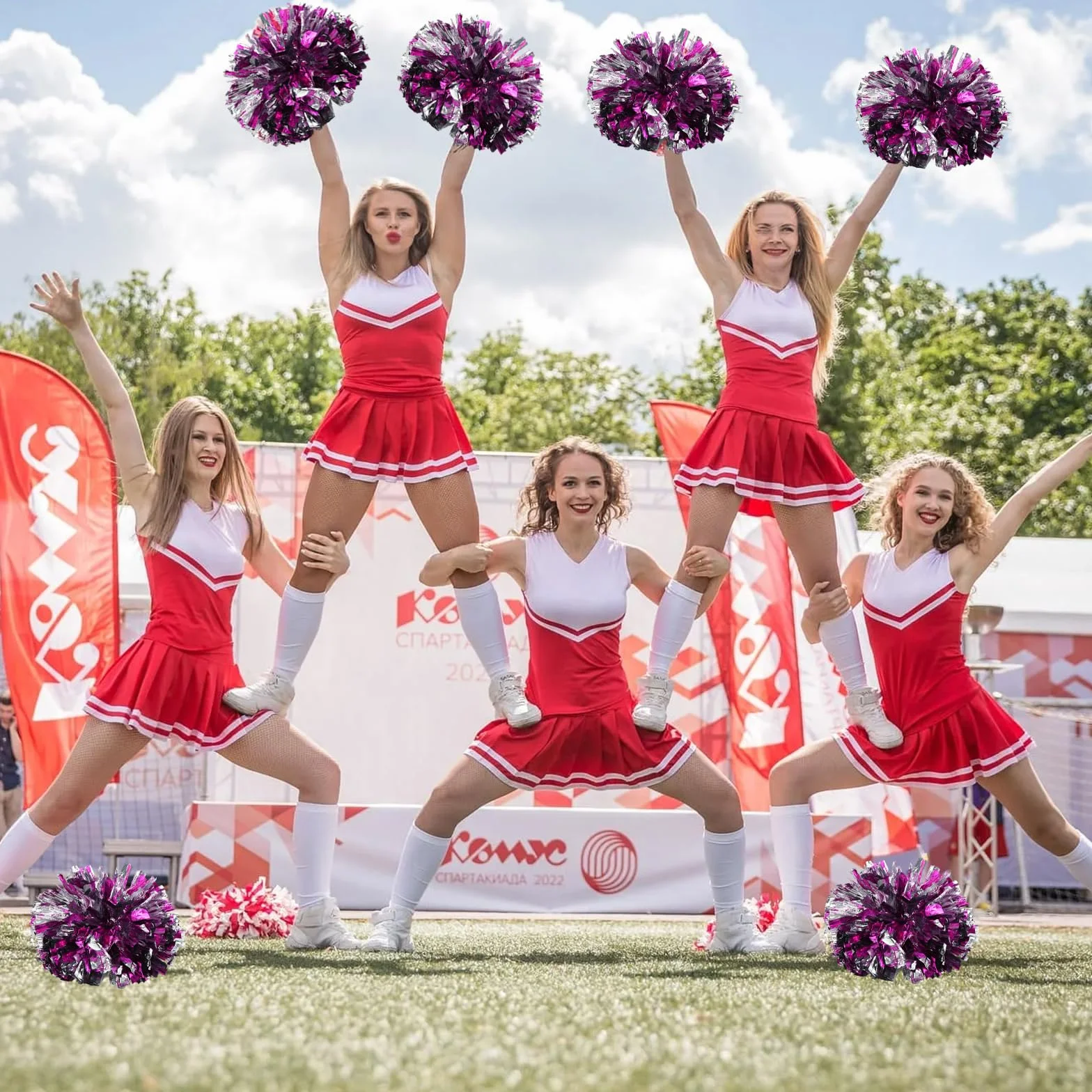 Gudalea 2 sztuki pomponów Cheering Squad metaliczne pompony cheerleaderki, plastikowe pompony cheerleaderki używane do sportów cheerleaderek spotyka się z zawodami sportowymi i tańcem