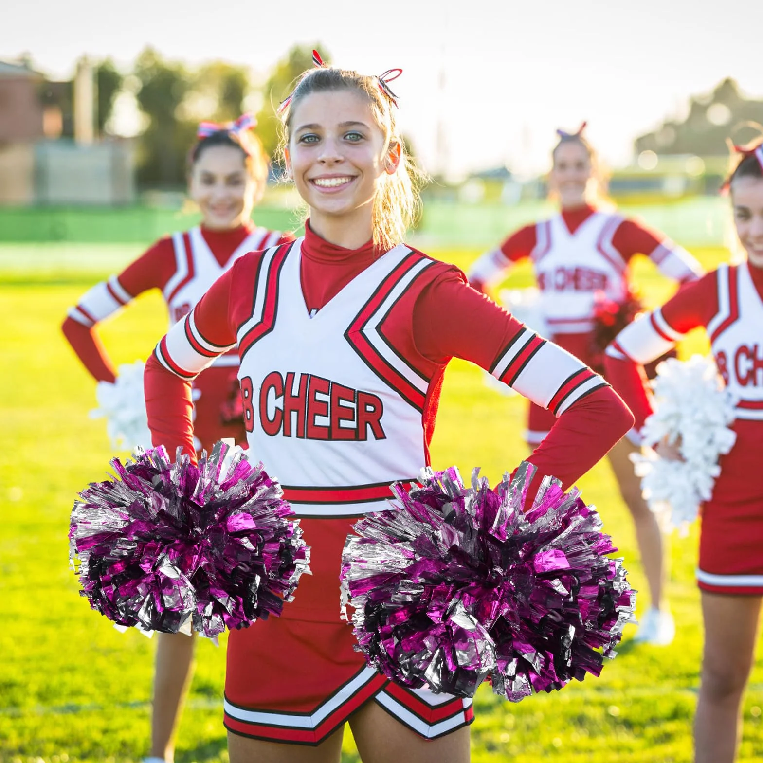 Gudalea 2 sztuki pomponów Cheering Squad metaliczne pompony cheerleaderki, plastikowe pompony cheerleaderki używane do sportów cheerleaderek spotyka się z zawodami sportowymi i tańcem