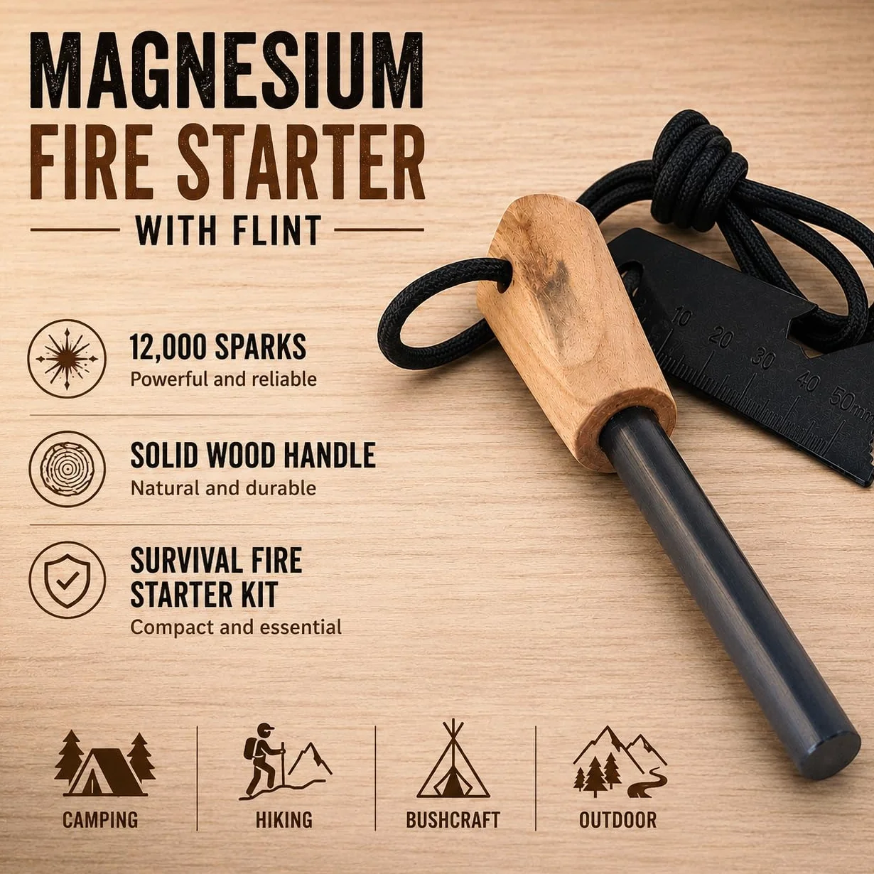 Krzesiwo magnezowe z krzemieniem – Rozpałka z uchwytem z litego drewna, 12 000 iskier – Zestaw survivalowy do rozpalania ognia na camping, trekking, bushcraft, outdoor
