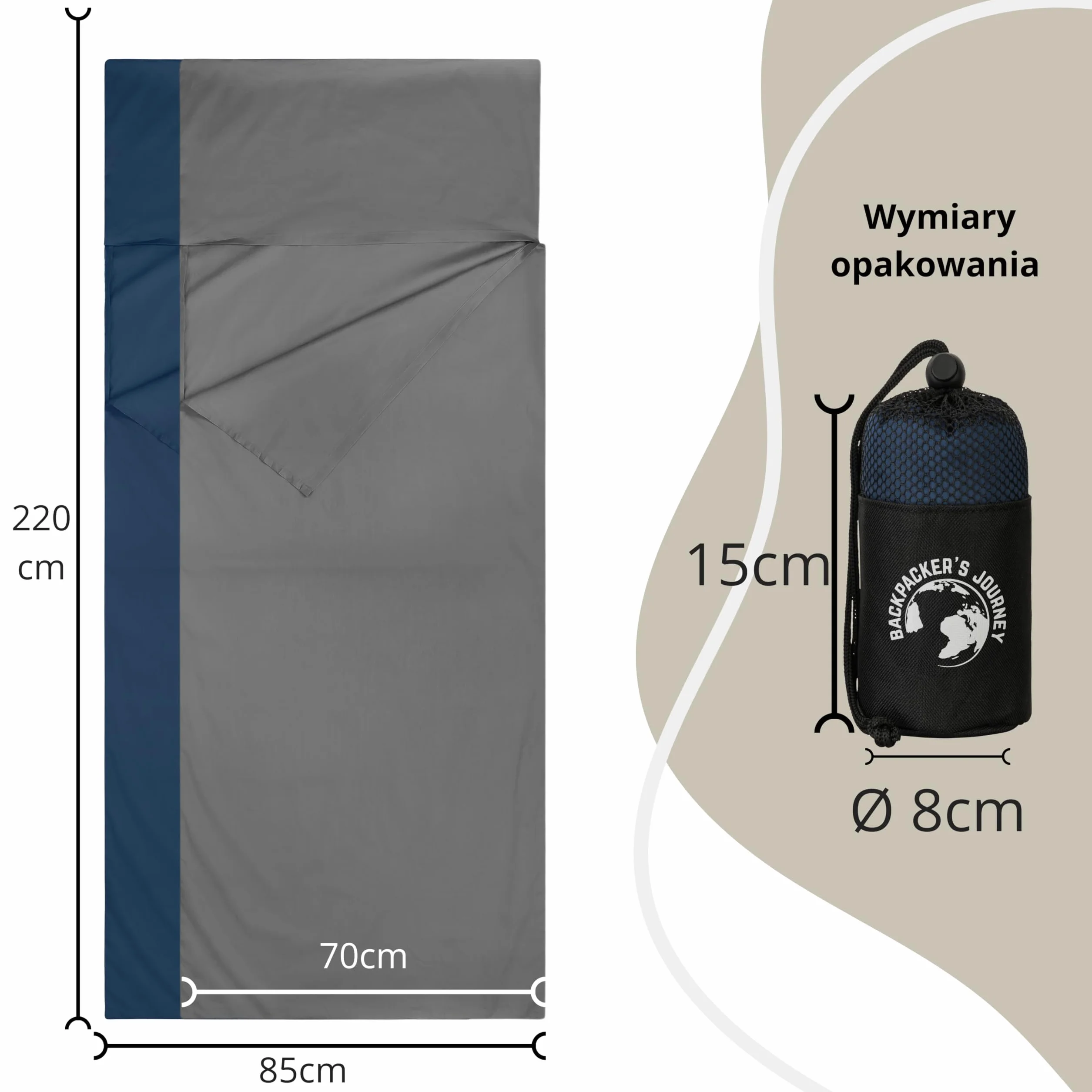 Backpacker's Journey Ultralekka wkładka do śpiwora w 100% z bawełny, 265 g, lekka wkładka do spania dla dorosłych, podróże, kemping i hostel (85 cm niebieski)