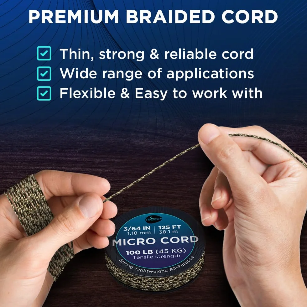 TECEUM Micro Paracord – Camuflaje – 1,18 mm x 100 pies – Micro Utility Cord – Cuerda de Paracord Trenzado Fina Nylon Poliéster – Reemplazo de Campanilla de Viento – Cuerda Fuerte de Supervivencia 788c
