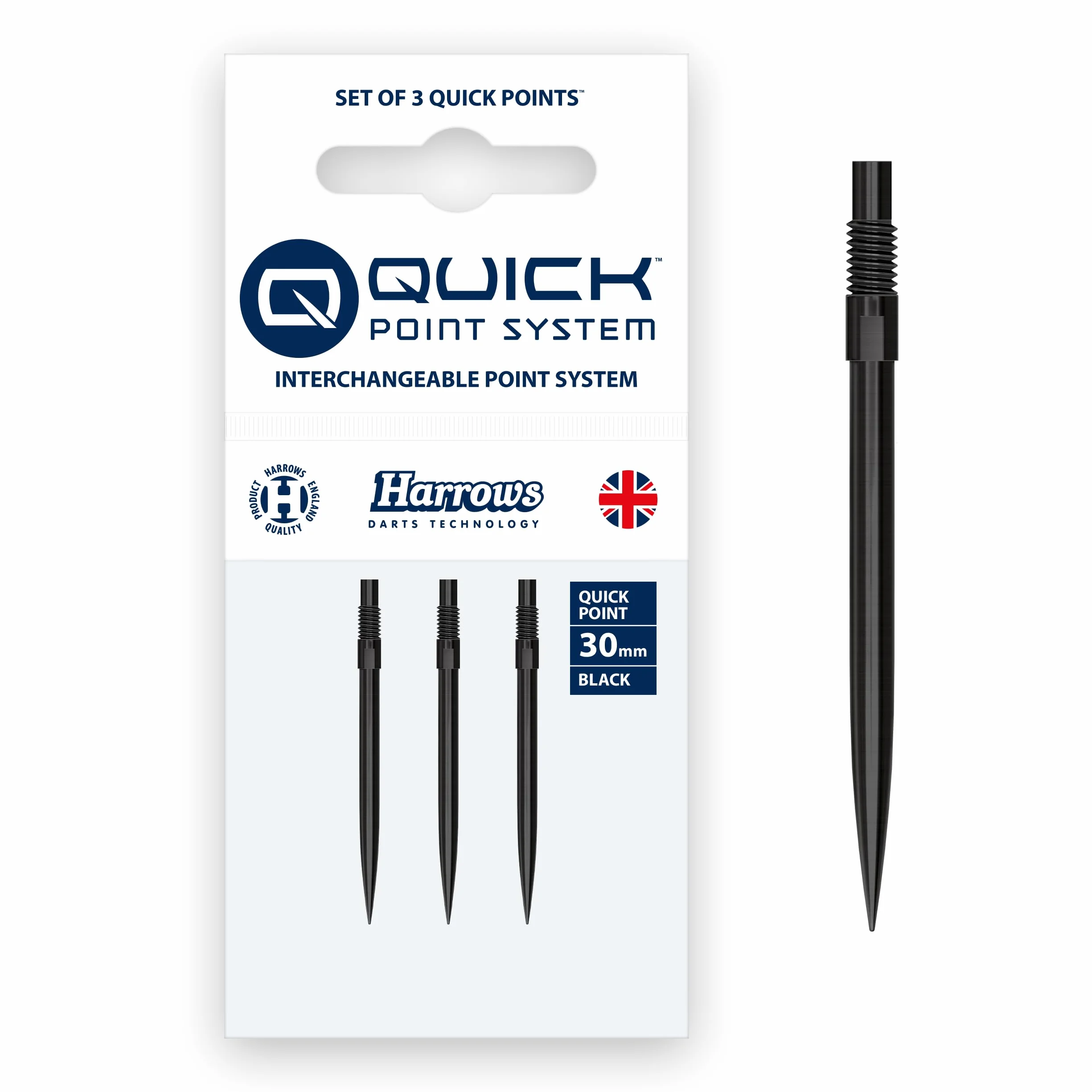 Harrows Punkty do rzutek ze stalową końcówką Quick Point, wymienne końcówki do rzutek w kolorze czarnym i srebrnym, 26 mm, 30 mm, 35 mm, 40 mm i 42 mm, kompatybilne z systemem QP