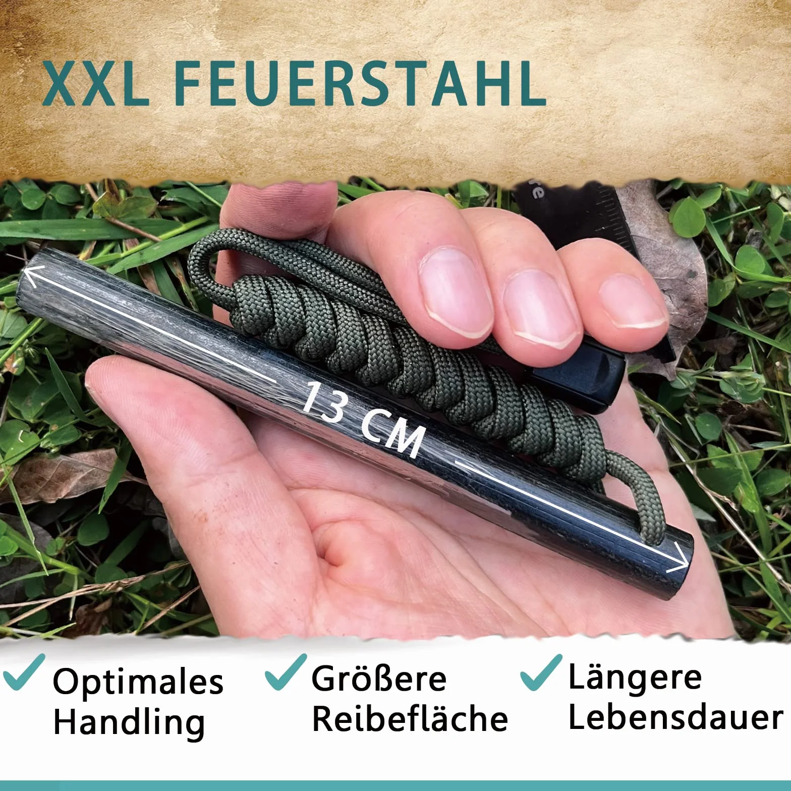 Krzesiwo XXL, zestaw krzesiwa z paracord + skrobak | bardzo silny iskry | krzesiwo magnezowe | krzesiwo survivalowe 13 cm długości, Ø 13 mm
