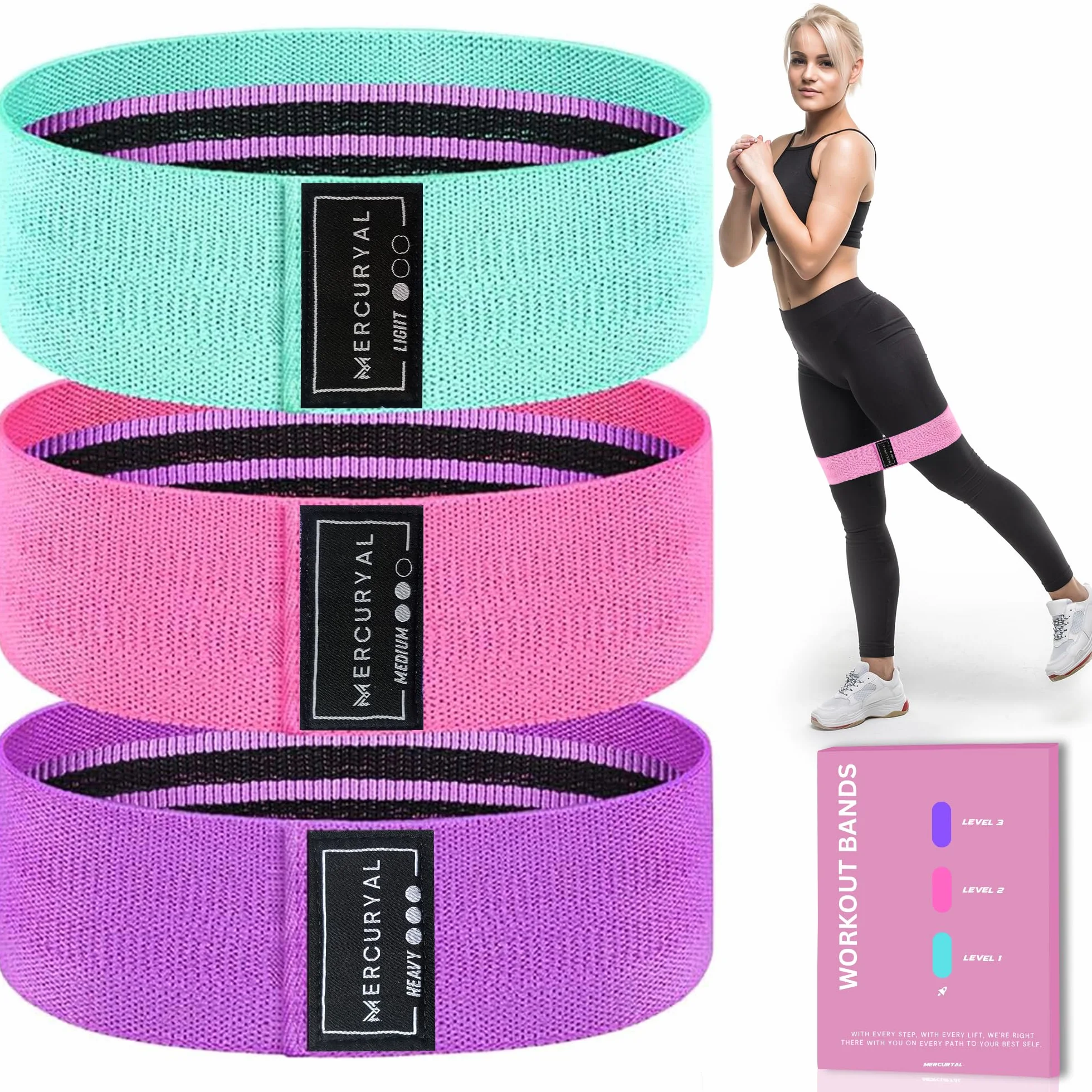 MERCURYAL Zestaw 3-pasmowy Elastic Musculacion - Elastyczne opaski Gluteos - Elastyczne opaski fitness Przeciwpoślizgowe - Paski Gluteum - Elastic Taśmy Musculacion (Różowy, Zielony, Fioletowy)