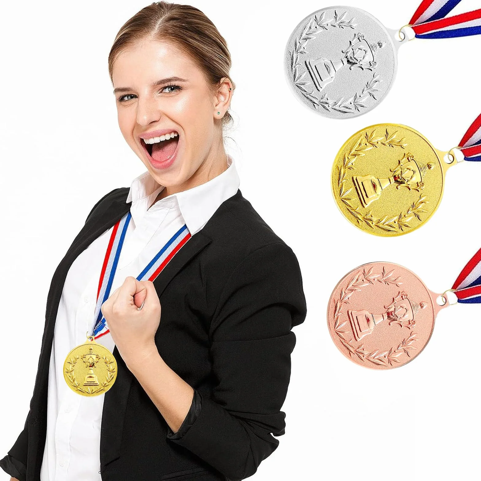 12 medali z nagrodami, złoty medal z brązowym medalem z wstążkami na szyję, do sportu, na zawody, styl olimpijski, średnica ok. 5,0 cm