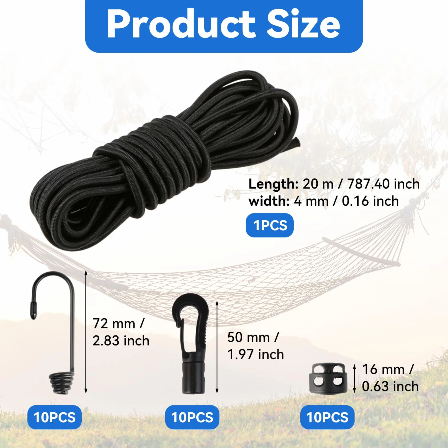 Wielofunkcyjna linka paracord, czarna lina polipropylenowa, 20 m, odporna na zużycie, ze spiralnym hakiem, plastikowym hakiem, klipsem gazowym, kablem spadochronowym, do ogrodu i domu