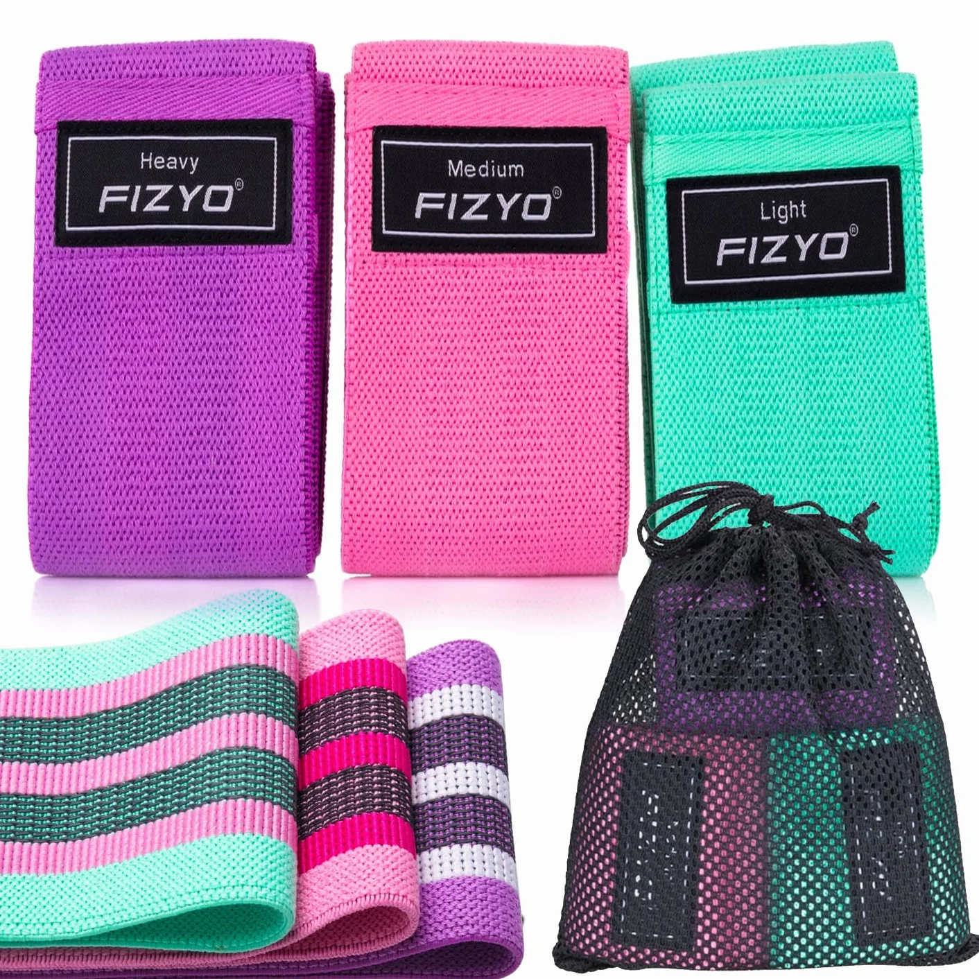 Fizyo Zestaw 3 Taśm Fitness z Poziomami Oporu do Ćwiczeń Bioder i Pośladków, Taśmy Materiałowe Idealne Treningu Jogi Pilatesu Całego Ciała, Elastyczne Antypoślizgowe