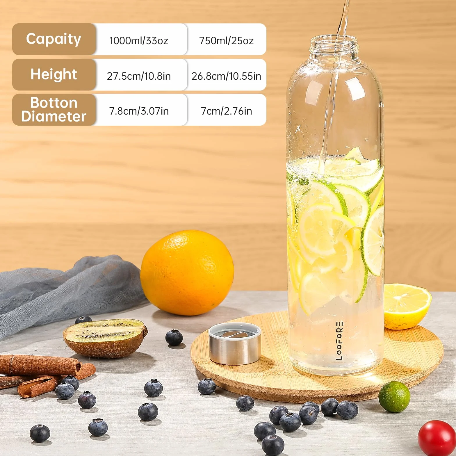 Szklana butelka, 1000 ml, szklana butelka na napoje, szczelna, z pokrowcem ochronnym, lekka, borokrzemowa, do napojów gazowanych, nie zawiera BPA