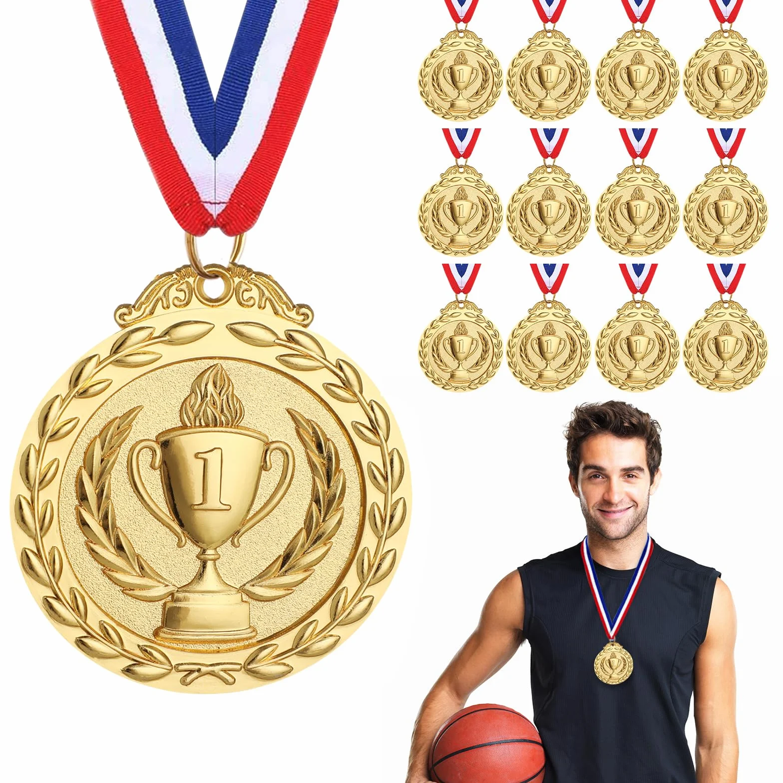 Hianjoo 12 sztuk złotych medali z kołnierzami, medal dla dzieci do meczu piłki nożnej, medale zwycięzców sportu, klubu piłkarskiego, metalowe medale (wersja pochodnia)
