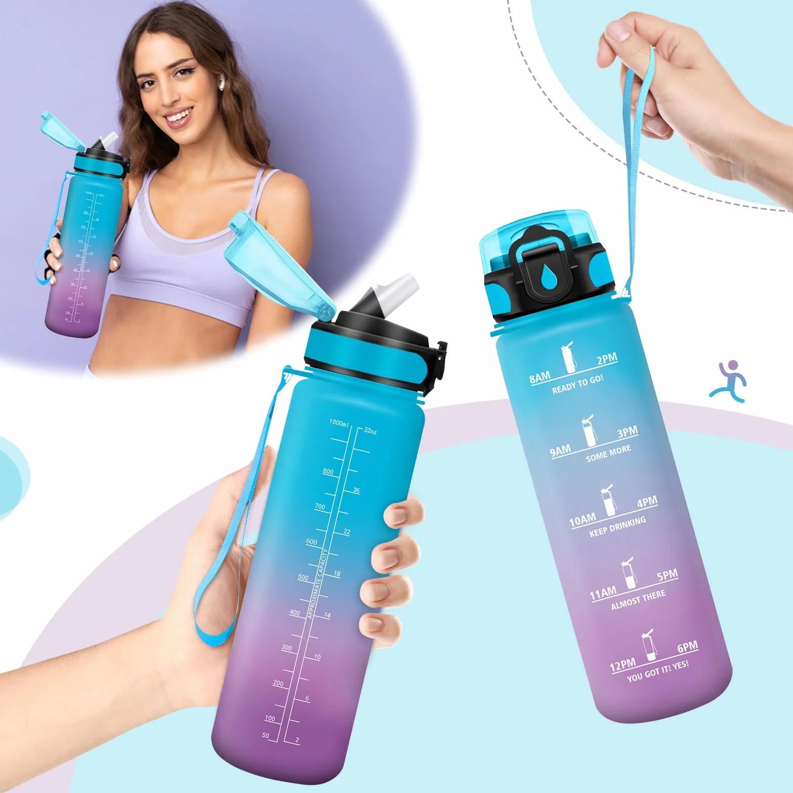 Vikastar Butelka do picia 1000 ml szczelna do napojów gazowanych BPA ze słomką