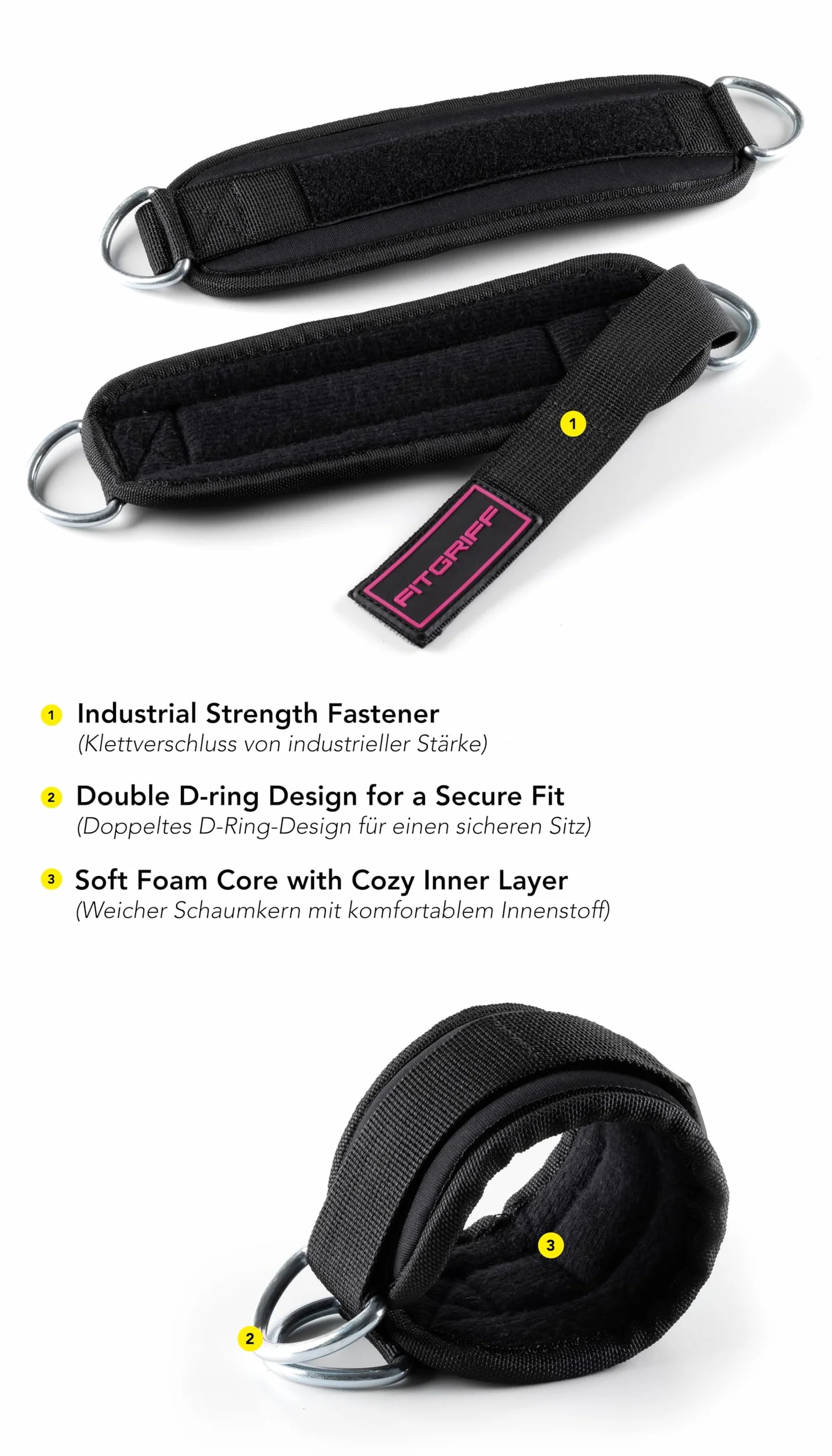 Fitgriff® Pętle na nogi V3 – do treningu fitness na wyciągu kablowym – (2 sztuki) paski na kostki dla kobiet i mężczyzn