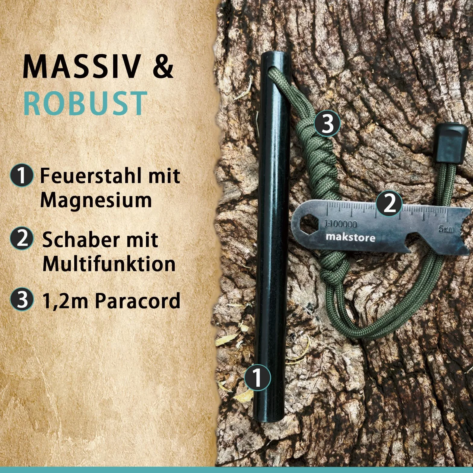 Krzesiwo XXL, zestaw krzesiwa z paracord + skrobak | bardzo silny iskry | krzesiwo magnezowe | krzesiwo survivalowe 13 cm długości, Ø 13 mm