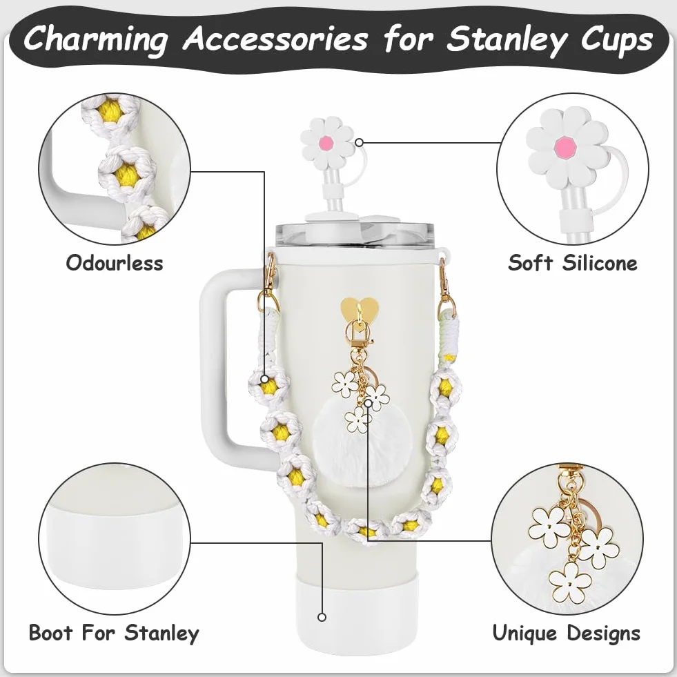 AUAUY Stanley Cup zestaw akcesoriów – pasek na butelkę z uchwytem na wodę, silikonowe buty Stanley Cup, osłona słomki Stanley, akcesoria do kubków Stanley Cup 800 ml - 1100 ml