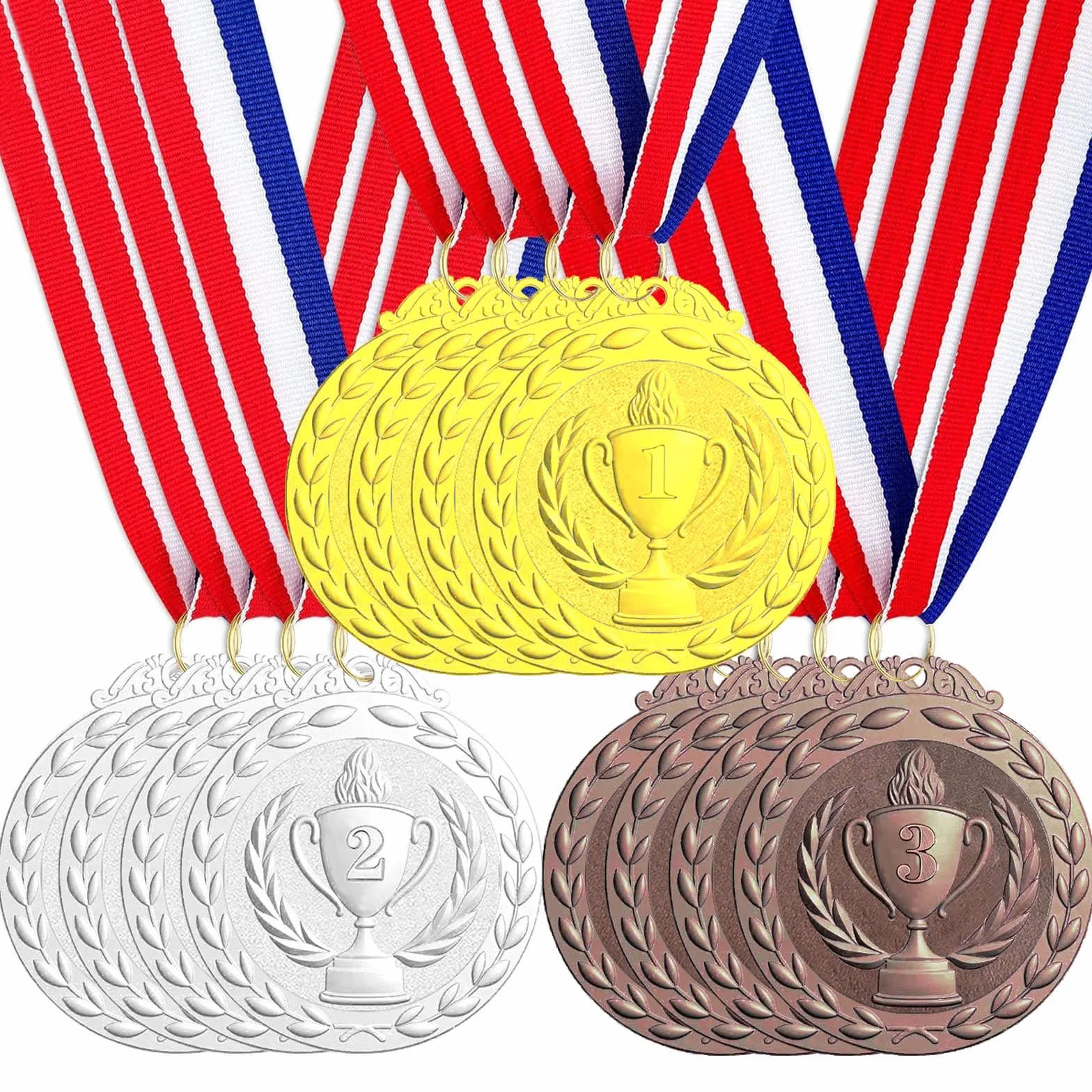 12 sztuk medali nagród, złote srebrne brązowe medale ze wstążkami na szyję, nagroda dla dzieci, medale zwycięzcy na zawody, imprezę, sport, styl olimpijski