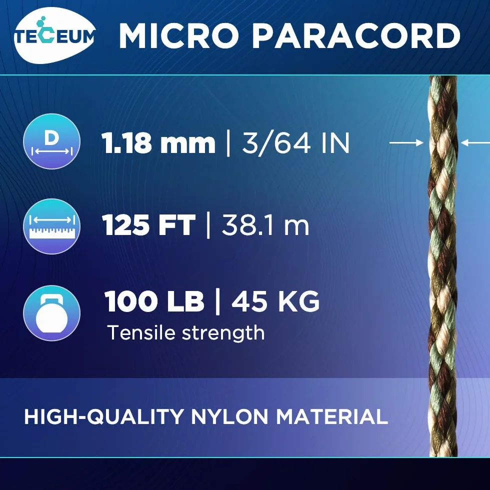 TECEUM Micro Paracord – Camuflaje – 1,18 mm x 100 pies – Micro Utility Cord – Cuerda de Paracord Trenzado Fina Nylon Poliéster – Reemplazo de Campanilla de Viento – Cuerda Fuerte de Supervivencia 788c