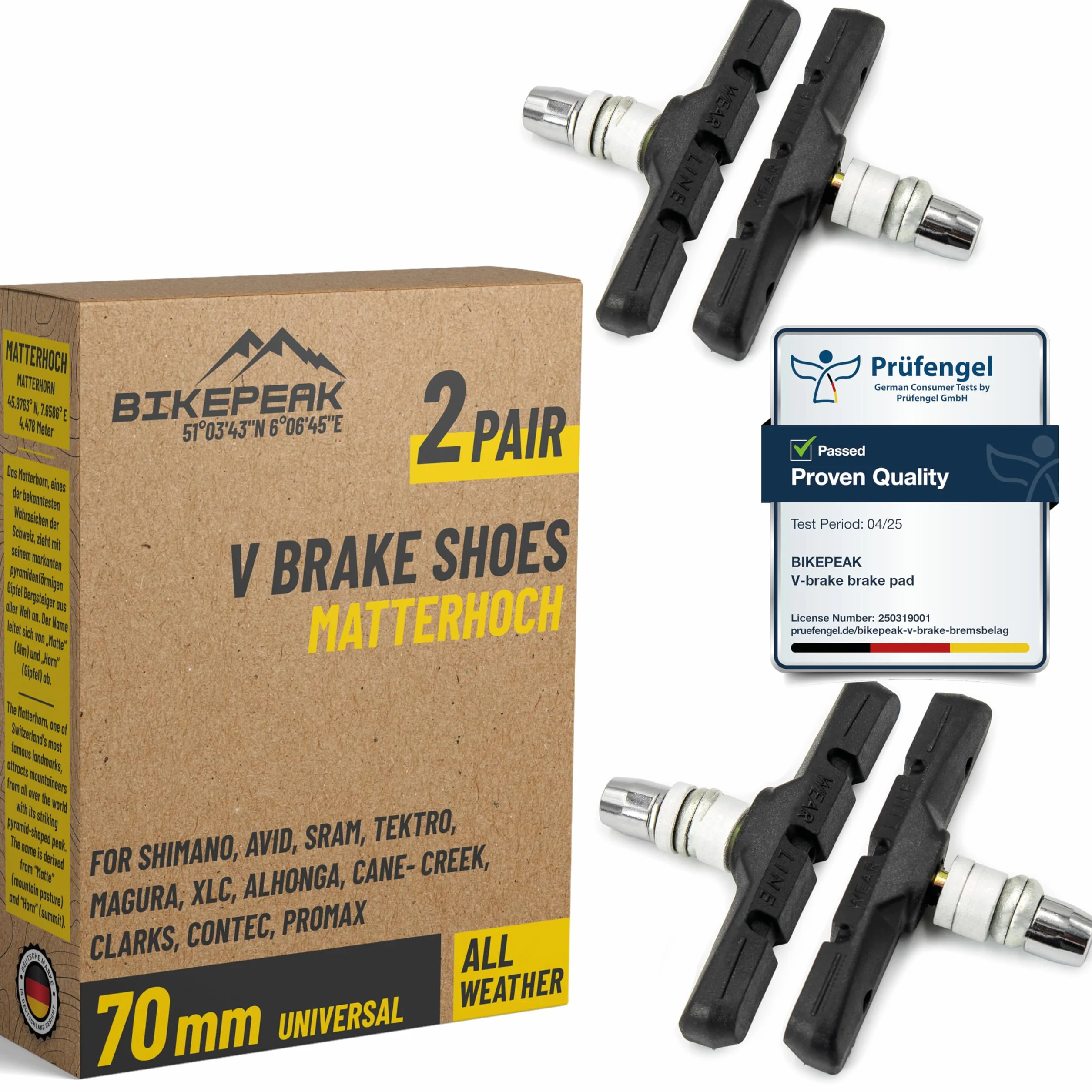 V-Brake Klocki hamulcowe do roweru z przodu i z tyłu – 2 pary szczęk hamulcowych 70 mm – klocki hamulcowe V-brake – kompatybilne z Shimano, Tektro, Magura, itd. – zestaw klocków hamulcowych o