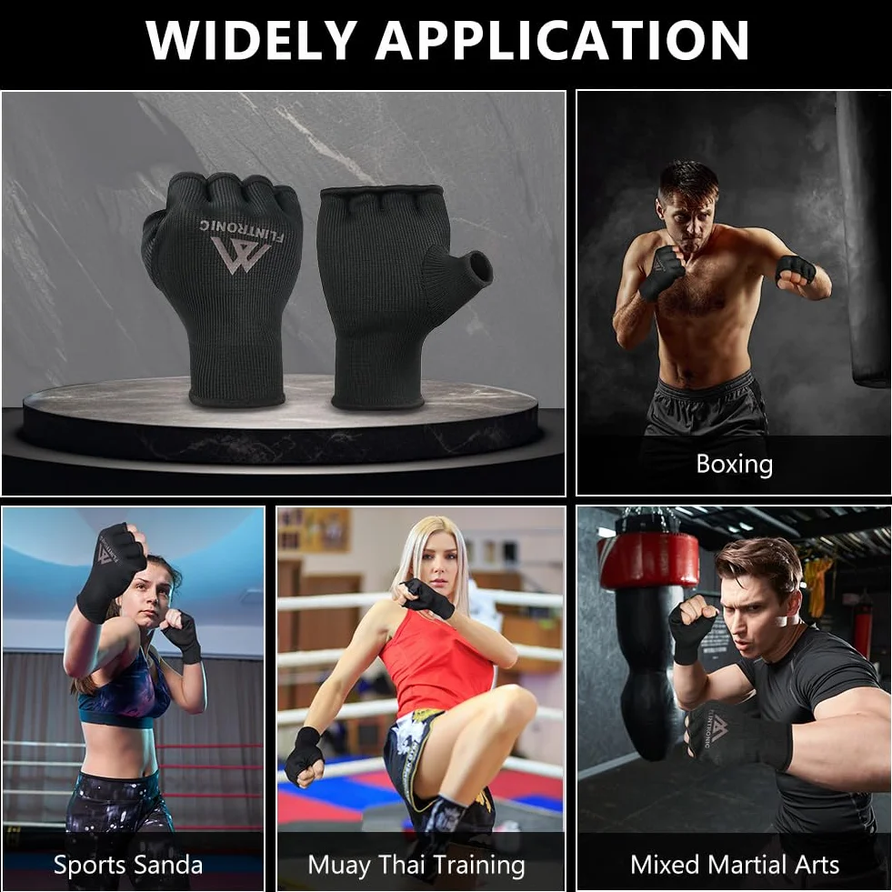 Flintronic Wewnętrzne rękawiczki bokserskie, wsparcie do połowy palców, elastyczne bandaże pod rękawicami, ochrona pięści, idealne do MMA, muay thai, kickboxingu, sportów walki, treningu i sportów