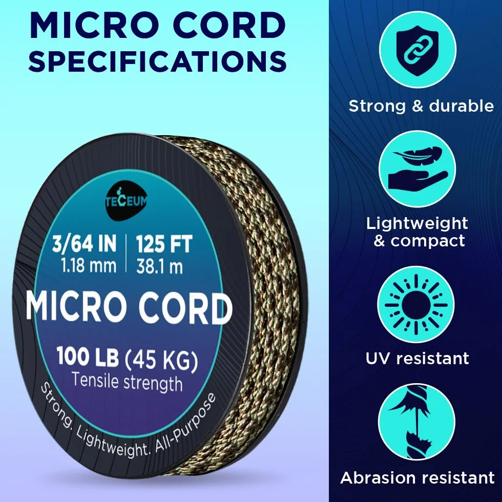 TECEUM Micro Paracord – Camuflaje – 1,18 mm x 100 pies – Micro Utility Cord – Cuerda de Paracord Trenzado Fina Nylon Poliéster – Reemplazo de Campanilla de Viento – Cuerda Fuerte de Supervivencia 788c