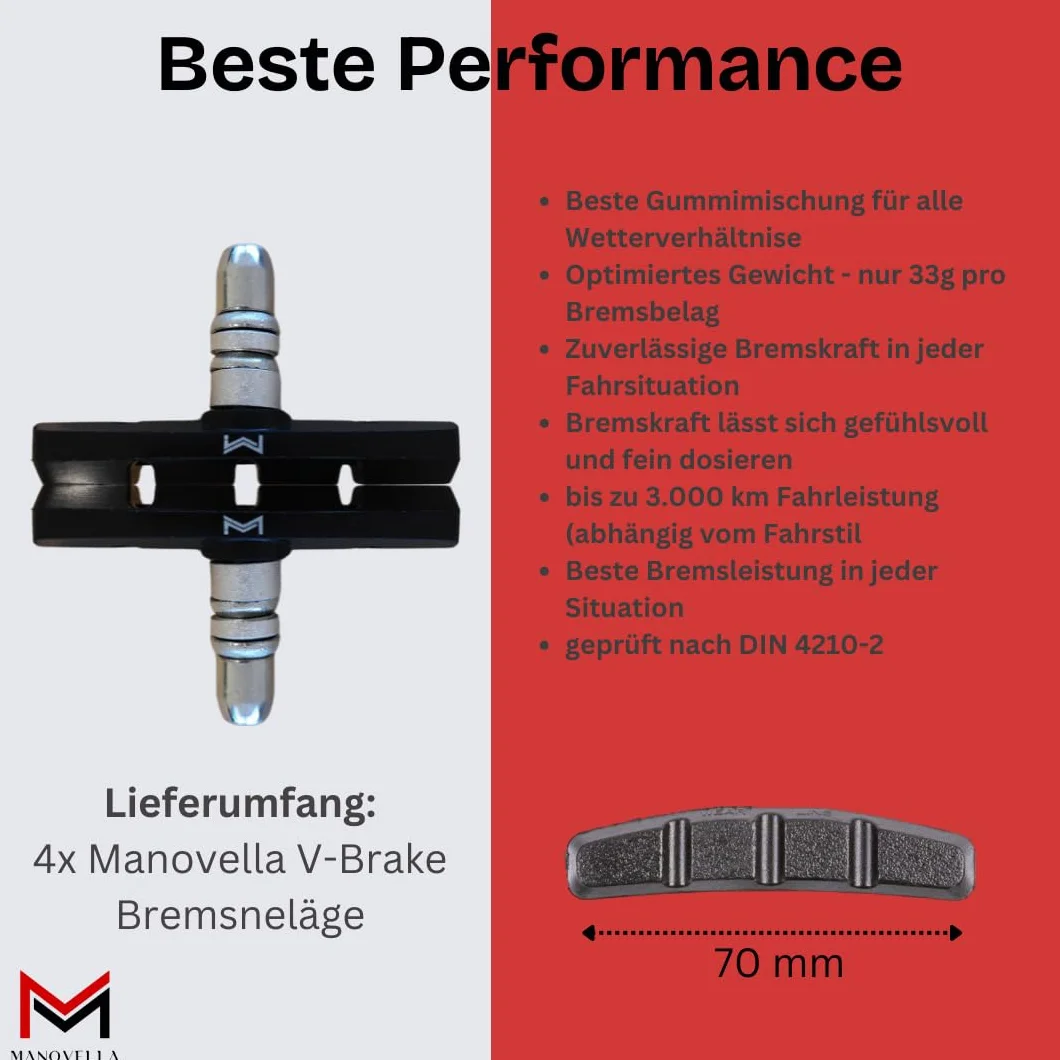 Manovella klocki hamulcowe V-Brake 70 mm (2 pary) – klocki hamulcowe do roweru do V-Brake, U-Brake i hamulca bocznego – kompatybilne z Shimano, Avid, Tektro, Sram – w zestawie mocowanie – czarne