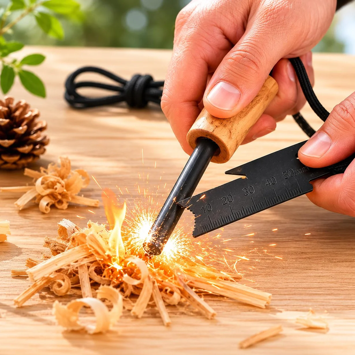 Krzesiwo magnezowe z krzemieniem – Rozpałka z uchwytem z litego drewna, 12 000 iskier – Zestaw survivalowy do rozpalania ognia na camping, trekking, bushcraft, outdoor