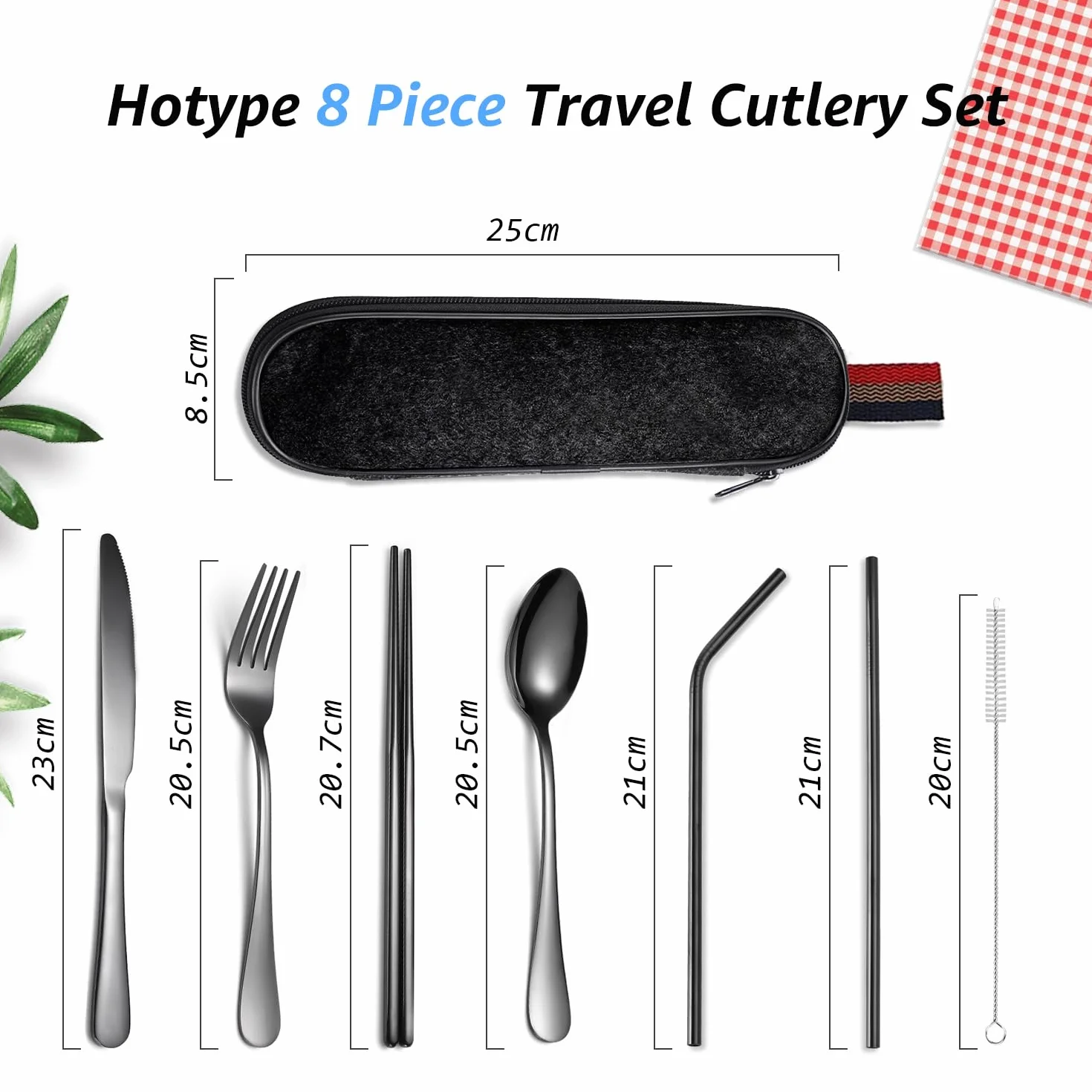 Hotype 8 sztuk sztućców, zestaw sztućców podróżnych, kempingowych ze stali nierdzewnej, z przenośną torbą, do podróży, na kemping, piknik, do domu, do szkoły, na lunch, czarne