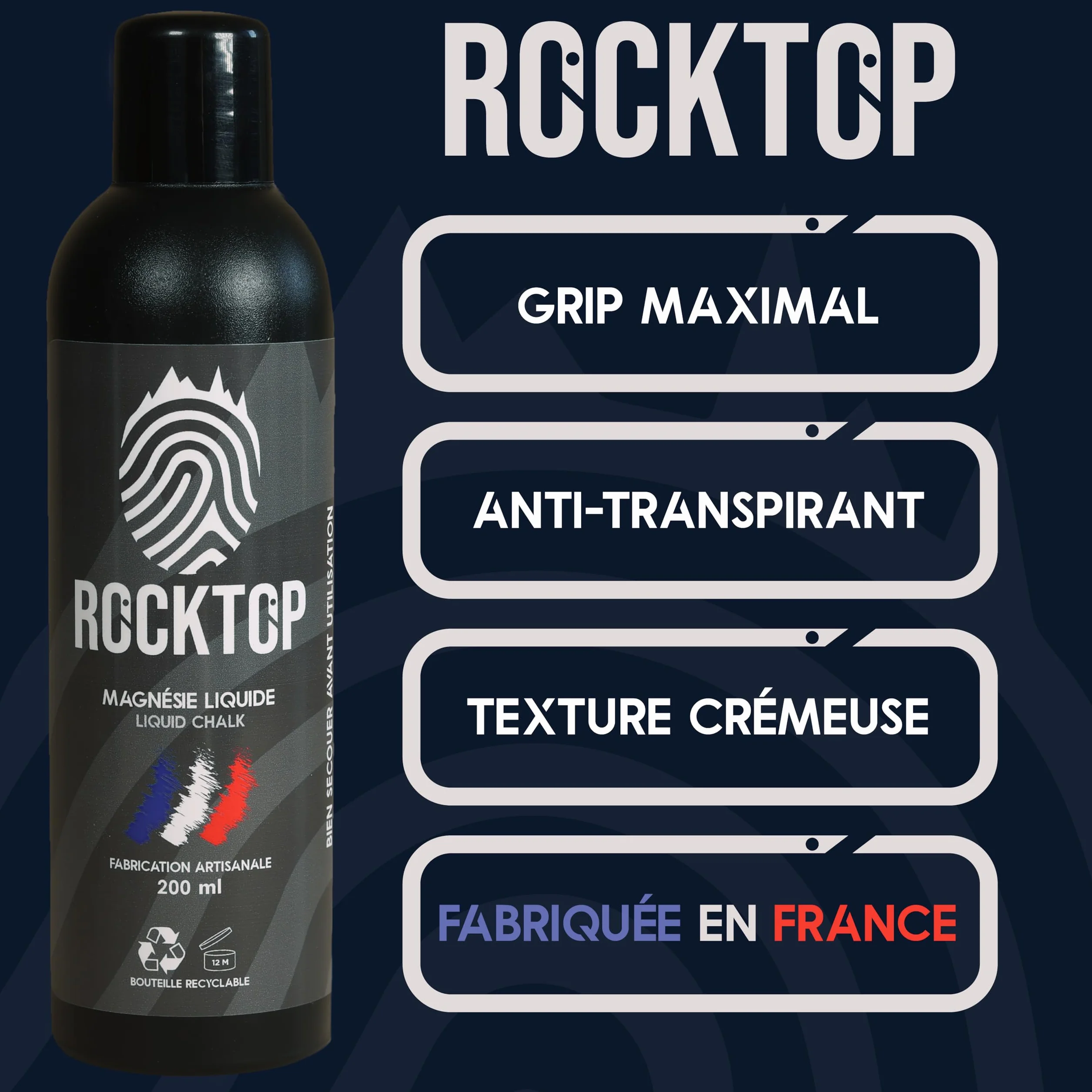 ROCK TOP Płynna kreda - Liquid Chalk - 200 ml - Wszystkie sporty - Wyprodukowano we Francji - Najlepszy chwyt - Płynna kreda - Wspinaczka wewnętrzna - Trening uliczny - Podnoszenie ciężarów - Crossfit