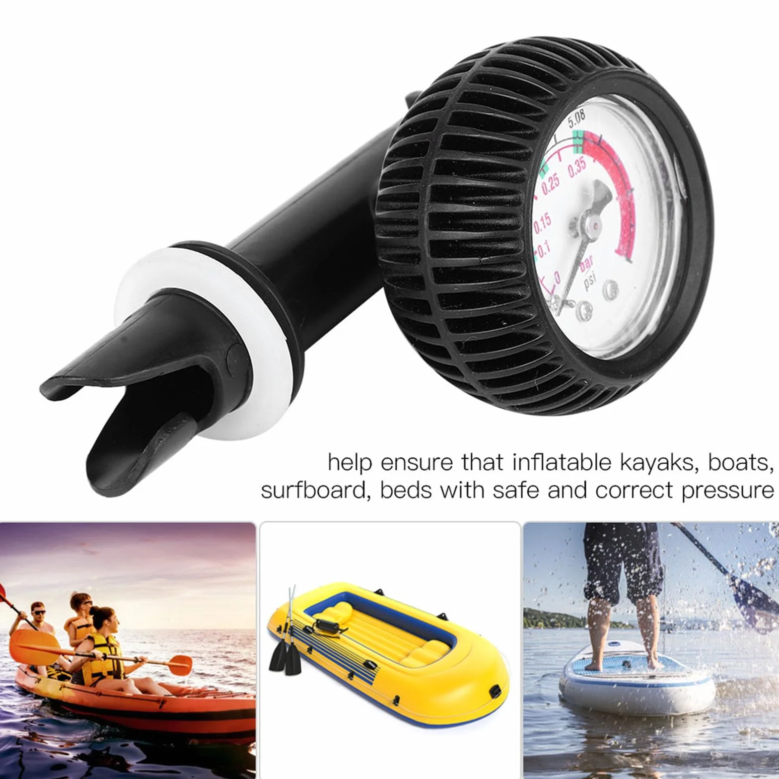 Keenso Manometr do pontonów, 0-5.08 psi barometr do pontonów/kajaków/desek surfingowych/SUPBoard Raft (czarny)