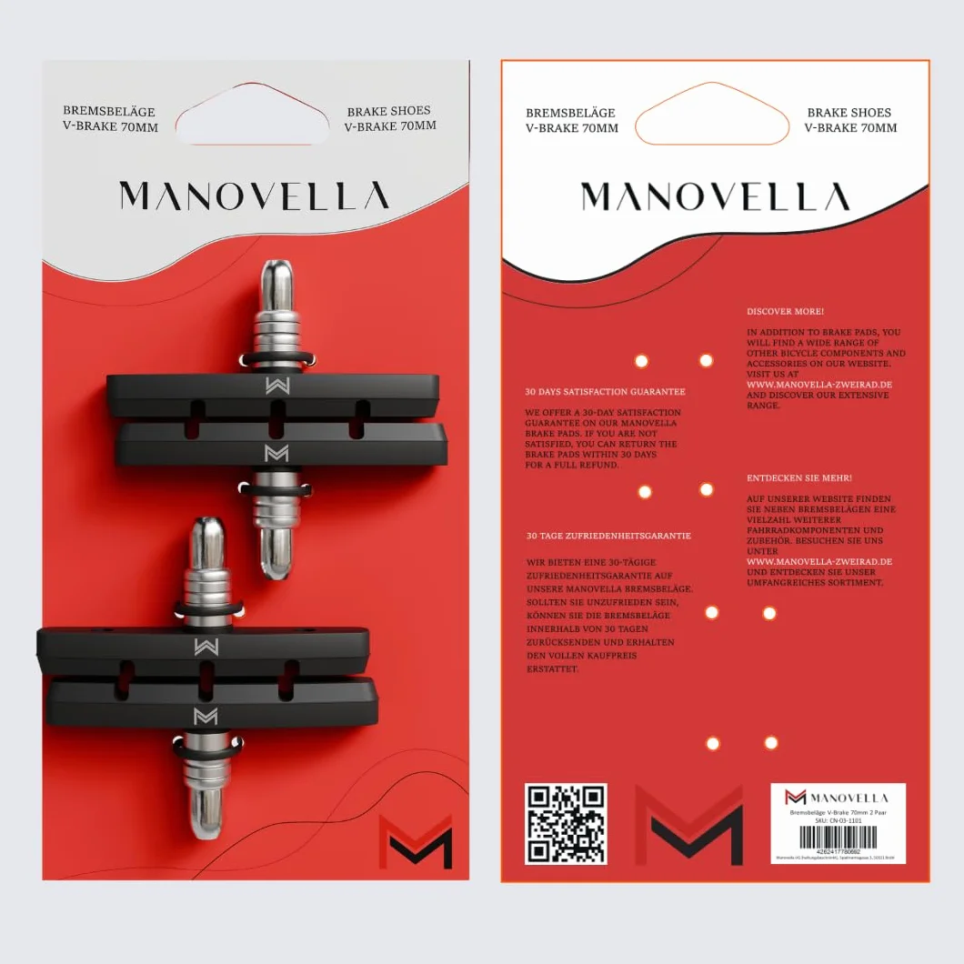 Manovella klocki hamulcowe V-Brake 70 mm (2 pary) – klocki hamulcowe do roweru do V-Brake, U-Brake i hamulca bocznego – kompatybilne z Shimano, Avid, Tektro, Sram – w zestawie mocowanie – czarne