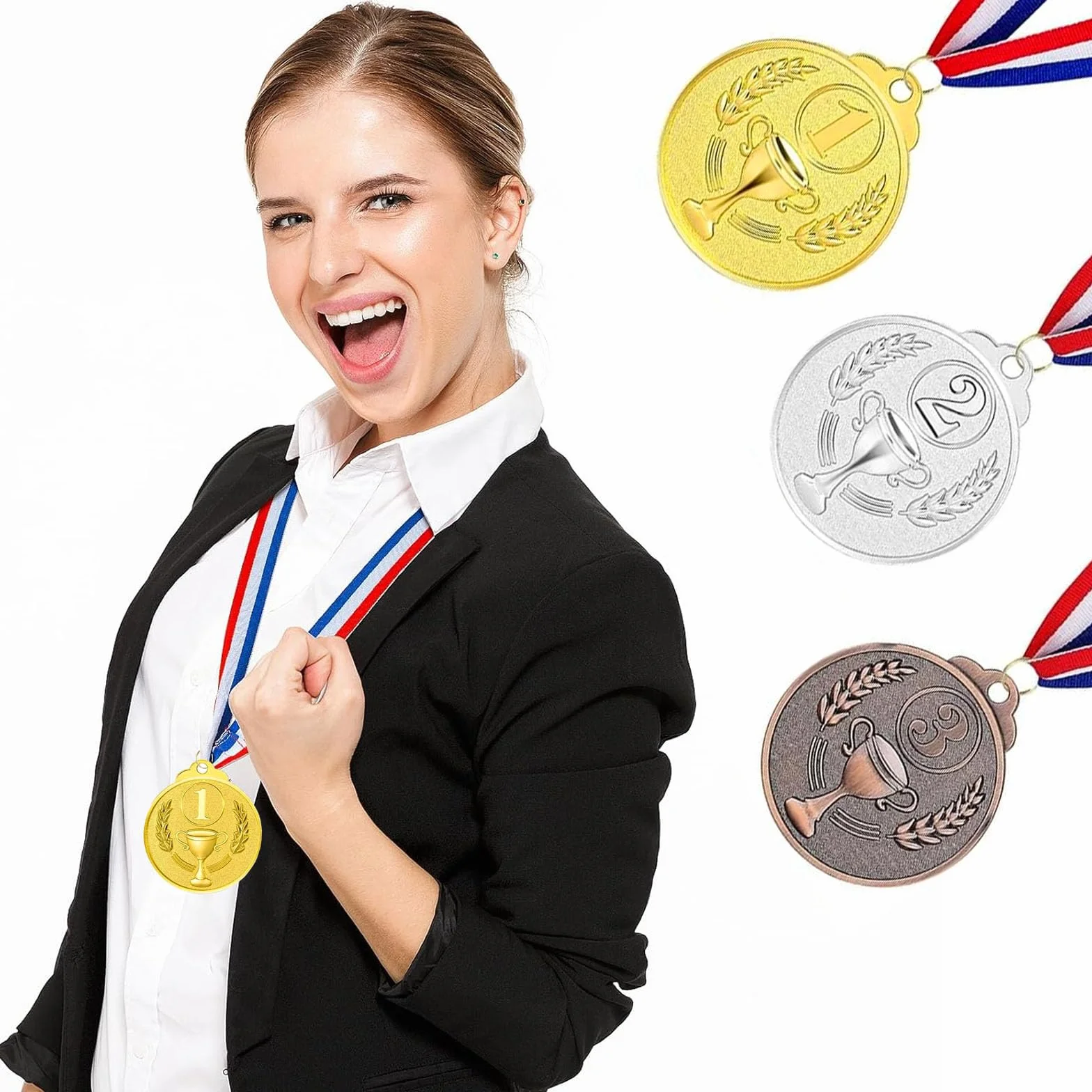12 sztuk medali wręczenia nagród metalowych, złoty srebrny brązowy medal ze wstążką na szyję Zwycięzca medali dla dzieci Gry Imprezy Dzień Sportu 5,0 cm