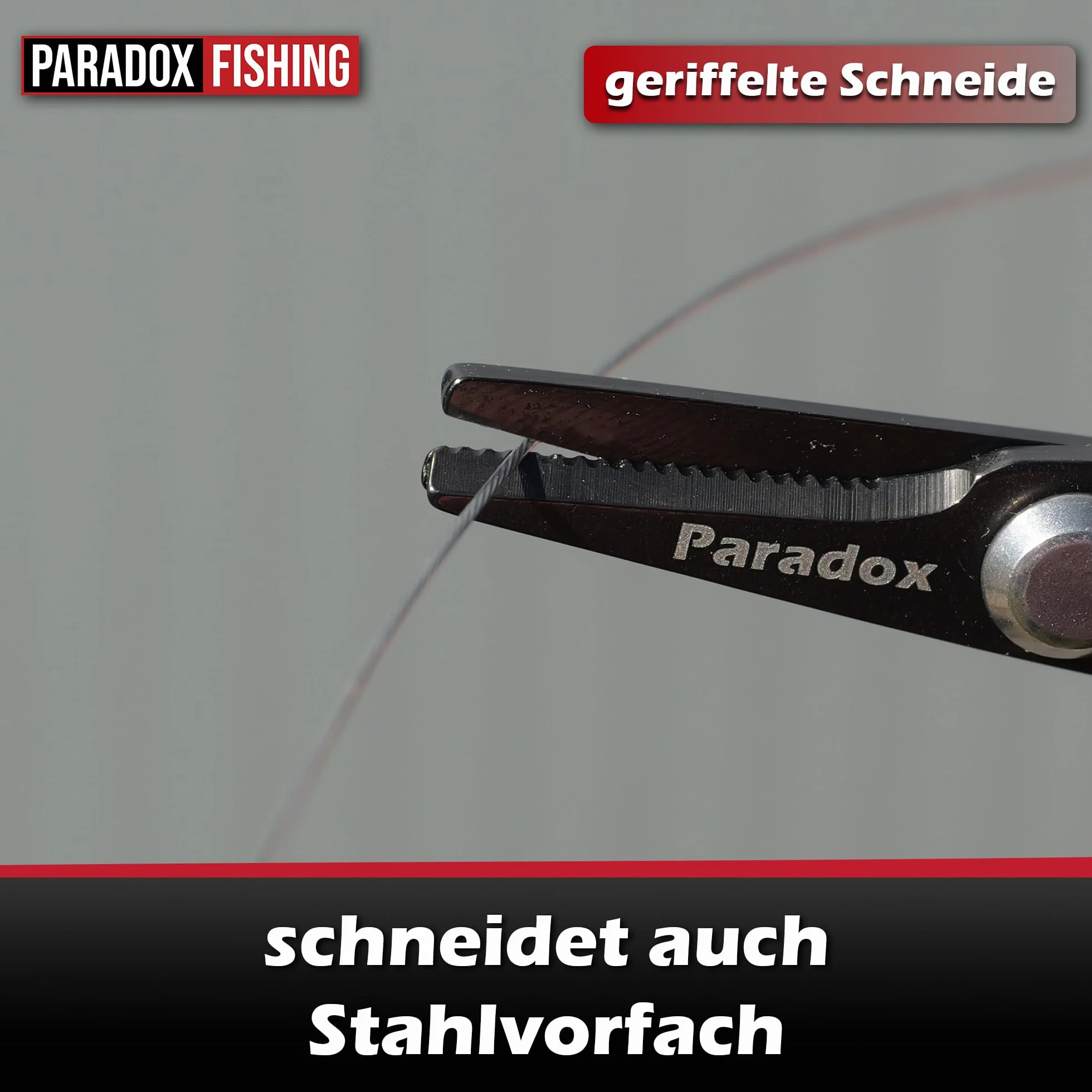 Paradox Fishing Nożyce wędkarskie Premium ze stali węglowej – bardzo ostre nożyce do żyłek z mikroząbkami do plecionych sznurków, stali i mono – kompaktowa konstrukcja (10 cm) w kolorze sygnałowym