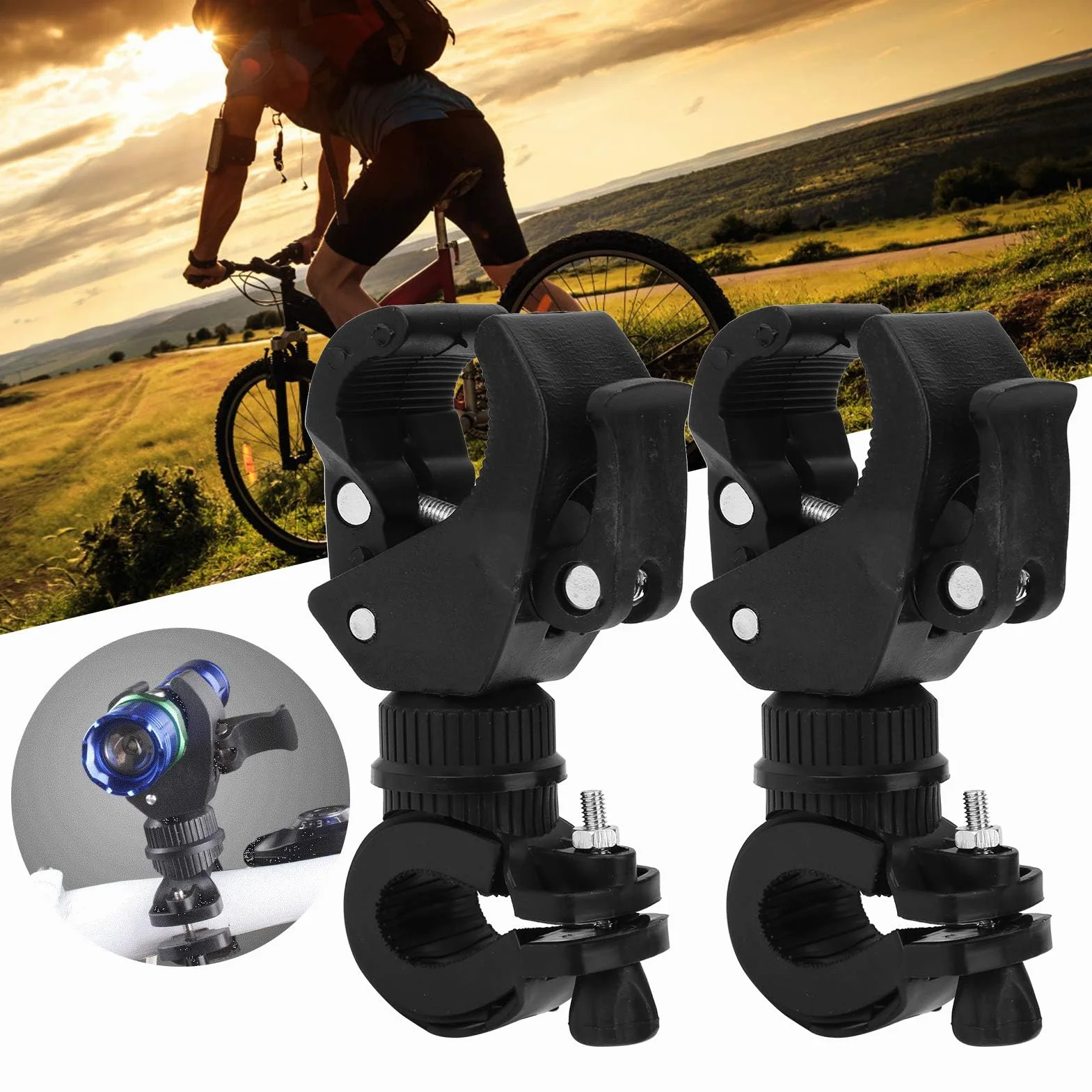 2 szt. Uchwyt do Montażu na latarkę rowerową, Obrotowy Uchwyt na latarkę rowerową 360 °, Uniwersalny Regulowany Zacisk Rowerowy do Latarek, Głośniki 13mm-35mm