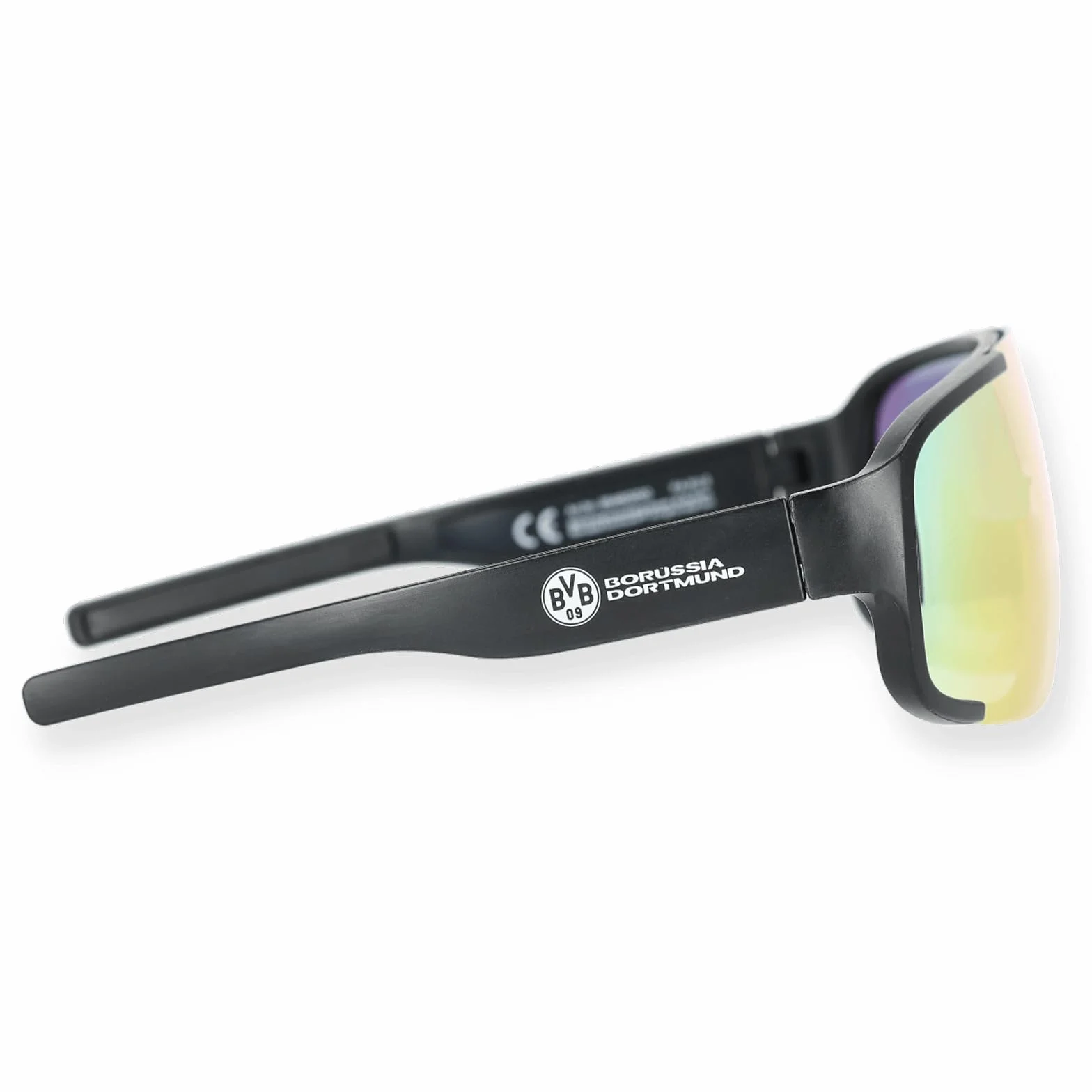 BVB Borussia Dortmund szybkie okulary przeciwsłoneczne, styl sportowy, kolorowe odblaski, logo BVB i napis na zausznikach