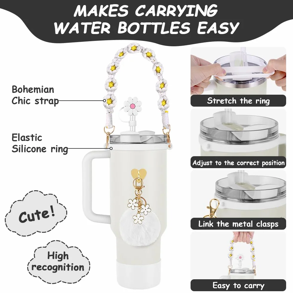 AUAUY Stanley Cup zestaw akcesoriów – pasek na butelkę z uchwytem na wodę, silikonowe buty Stanley Cup, osłona słomki Stanley, akcesoria do kubków Stanley Cup 800 ml - 1100 ml